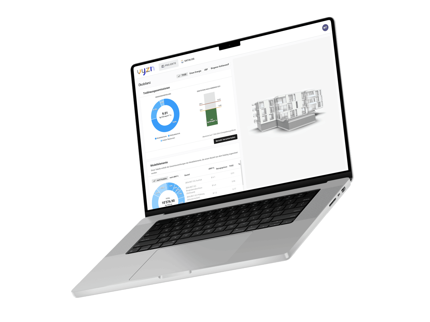 Ein silberner Laptop, auf dessen Bildschirm ein Armaturenbrett mit Diagrammen, Grafiken und einem 3D-Modell eines Gebäudes vor einem schlichten weißen Hintergrund zu sehen ist.