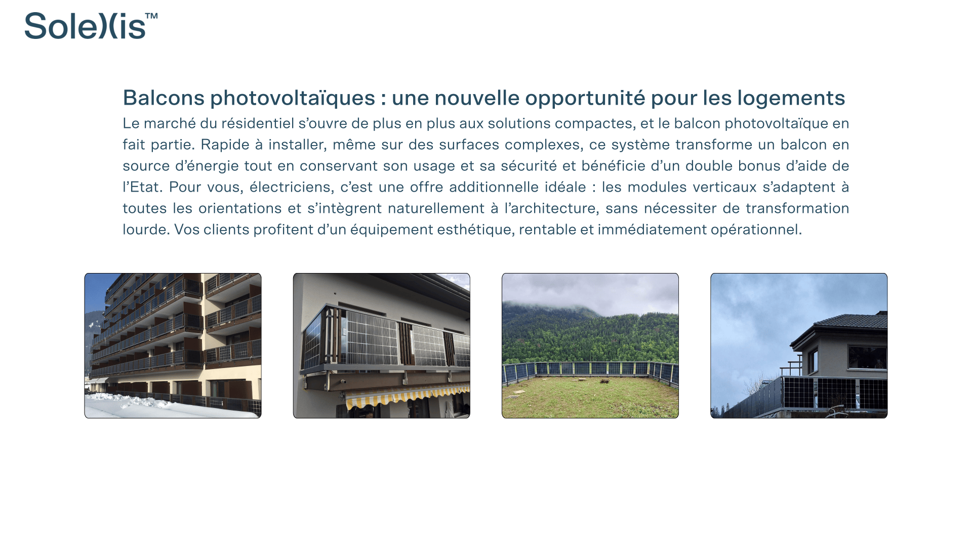 Un en-tête avec le logo de Solexis et un texte sur les balcons photovoltaïques se trouve au-dessus de quatre images montrant des balcons équipés de panneaux solaires dans divers bâtiments et environnements résidentiels.
