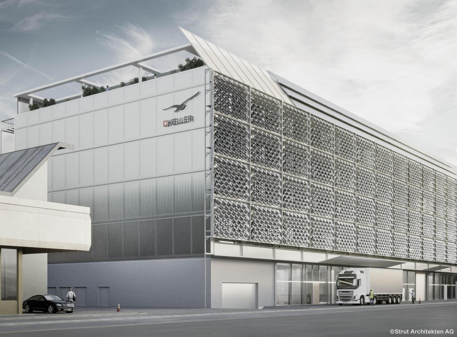 Un bâtiment industriel moderne avec une façade métallique à motifs, un logo portant l'inscription SCHNEEBERGER, un camion garé sur un quai de chargement et une voiture garée sur le côté à l'air libre.