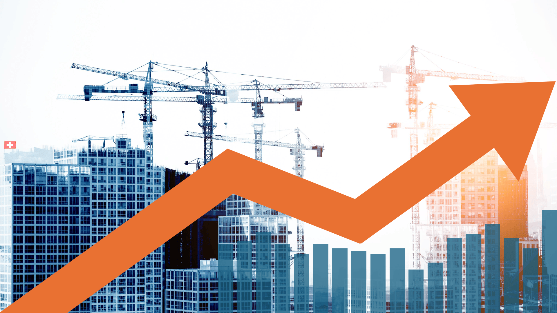 Flèche orange vers le haut au-dessus d'une silhouette de ville avec des grues et des bâtiments en construction, symbolisant la croissance ou le progrès dans le secteur de la construction ou de l'immobilier.