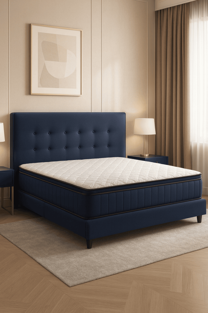 Une chambre à coucher moderne avec un cadre de lit rembourré bleu marine, un matelas blanc, des murs beiges, une œuvre d'art abstraite encadrée, des rideaux beiges, deux tables de chevet avec des lampes et un tapis clair sur un sol en bois.