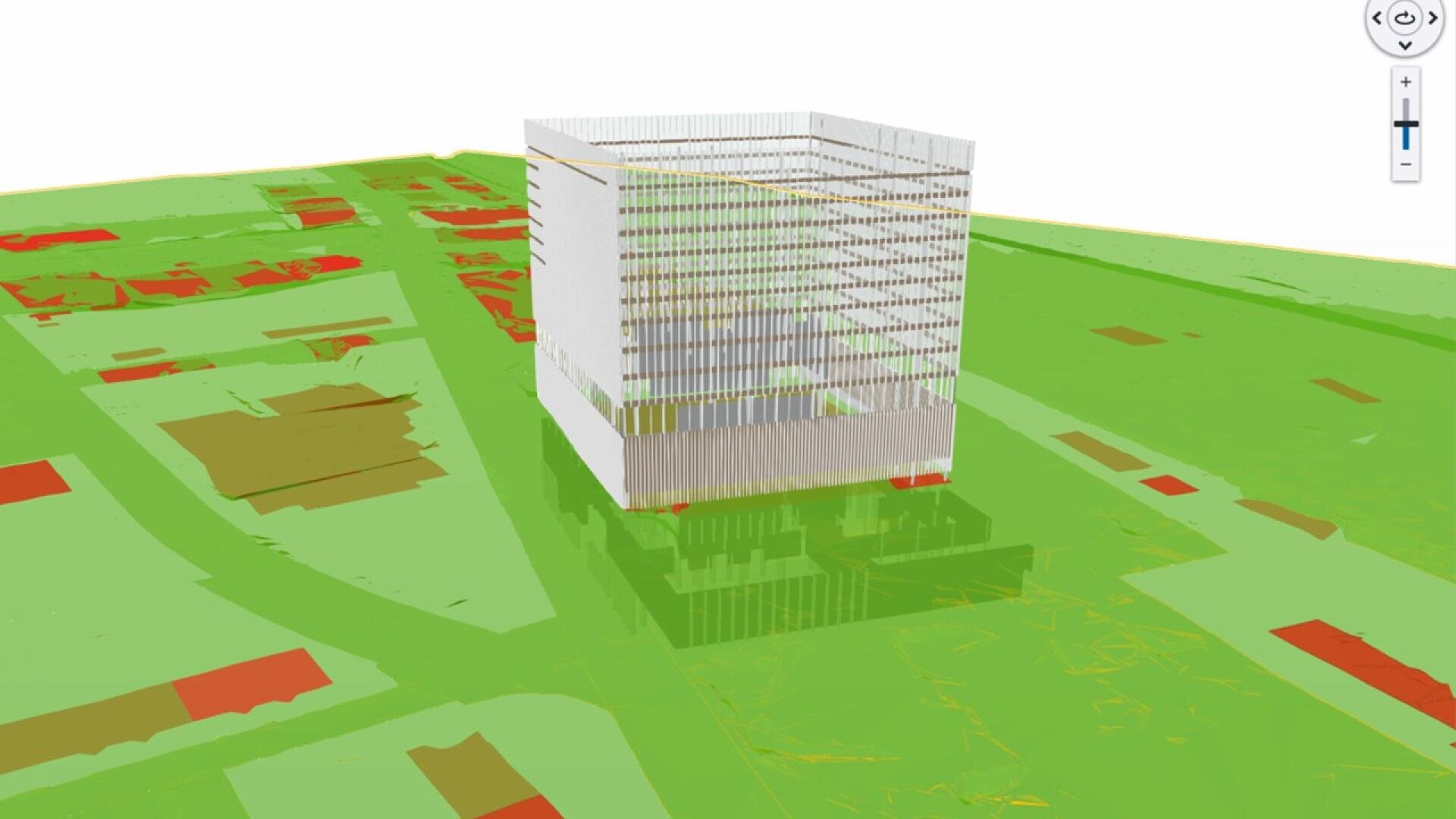 Digitales 3D-Rendering eines weißen, kubischen Gebäudes mit horizontalen Lamellen auf einer grünen Landschaftskarte mit einigen braunen und roten rechteckigen Bereichen, die Gebäude oder Merkmale darstellen. Auf der rechten Seite ist ein Zoom-Werkzeug zu sehen.