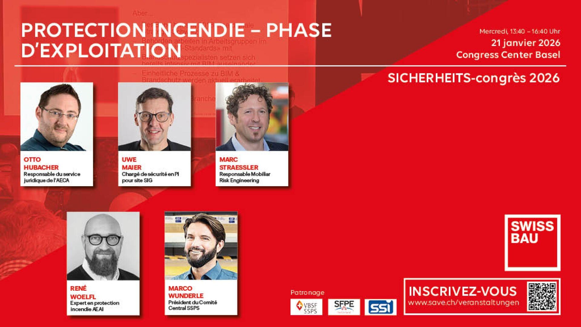 Brochure de la conférence Protection Incendie - Phase d'Exploitation avec les détails de l'événement, cinq photos de conférenciers avec leurs noms et titres, et les informations d'inscription. L'événement aura lieu le 21 janvier 2026 au Congress Center Basel.