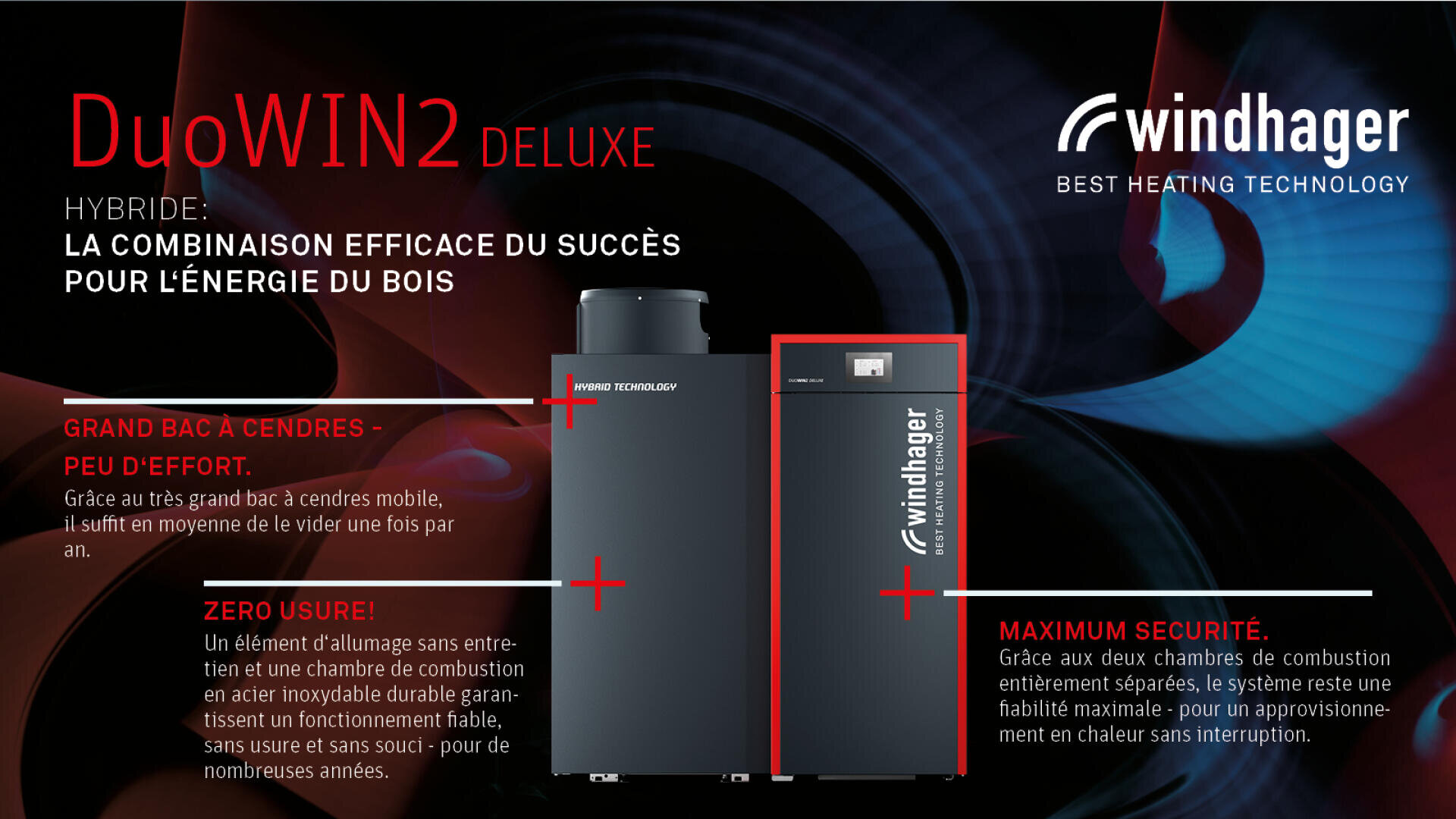 Deux appareils de chauffage noirs étiquetés "windhager" se tiennent côte à côte sur un fond sombre avec des tourbillons abstraits rouges et bleus. Le texte en français met en évidence des caractéristiques telles qu'un grand cendrier, un décendrage automatique et une sécurité maximale.