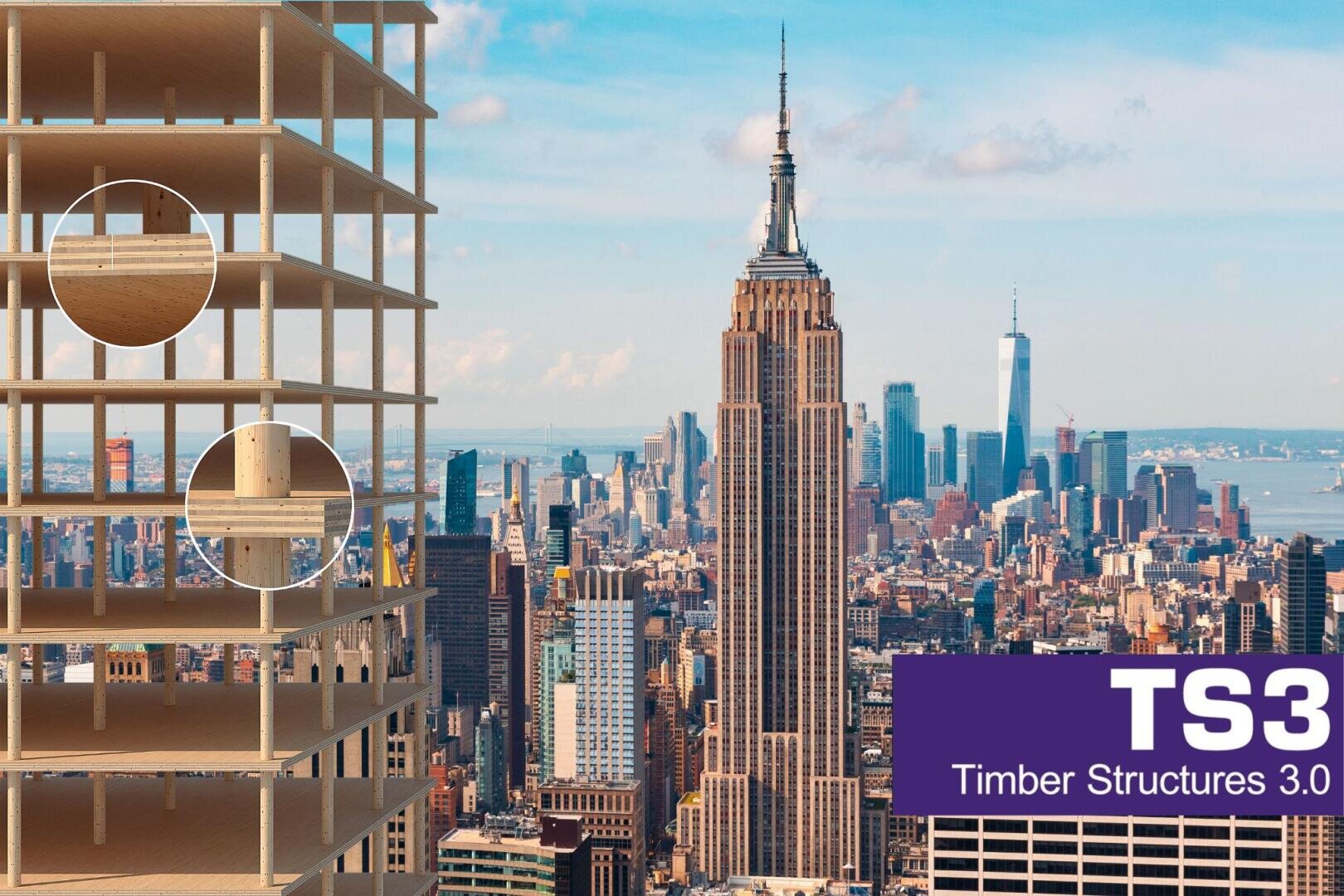 Auf der linken Seite ist ein hölzernes Gebäudegerüst mit zwei detaillierten Einsätzen zu sehen. Die Skyline von New York City, einschließlich des Empire State Building, füllt den Hintergrund. Ein lila Banner mit der Aufschrift "TS3 Timber Structures 3.0" befindet sich unten rechts.