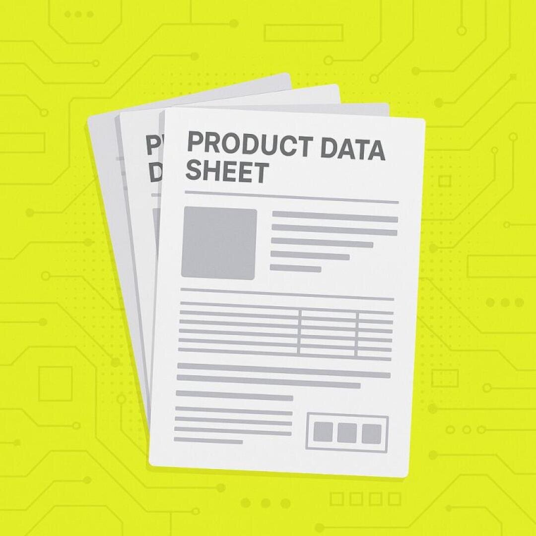Drei illustrierte Produktdatenblätter mit grauem Text und Grafiken sind auf einem leuchtend gelben Hintergrund mit schwachen Schaltkreismustern gestapelt.