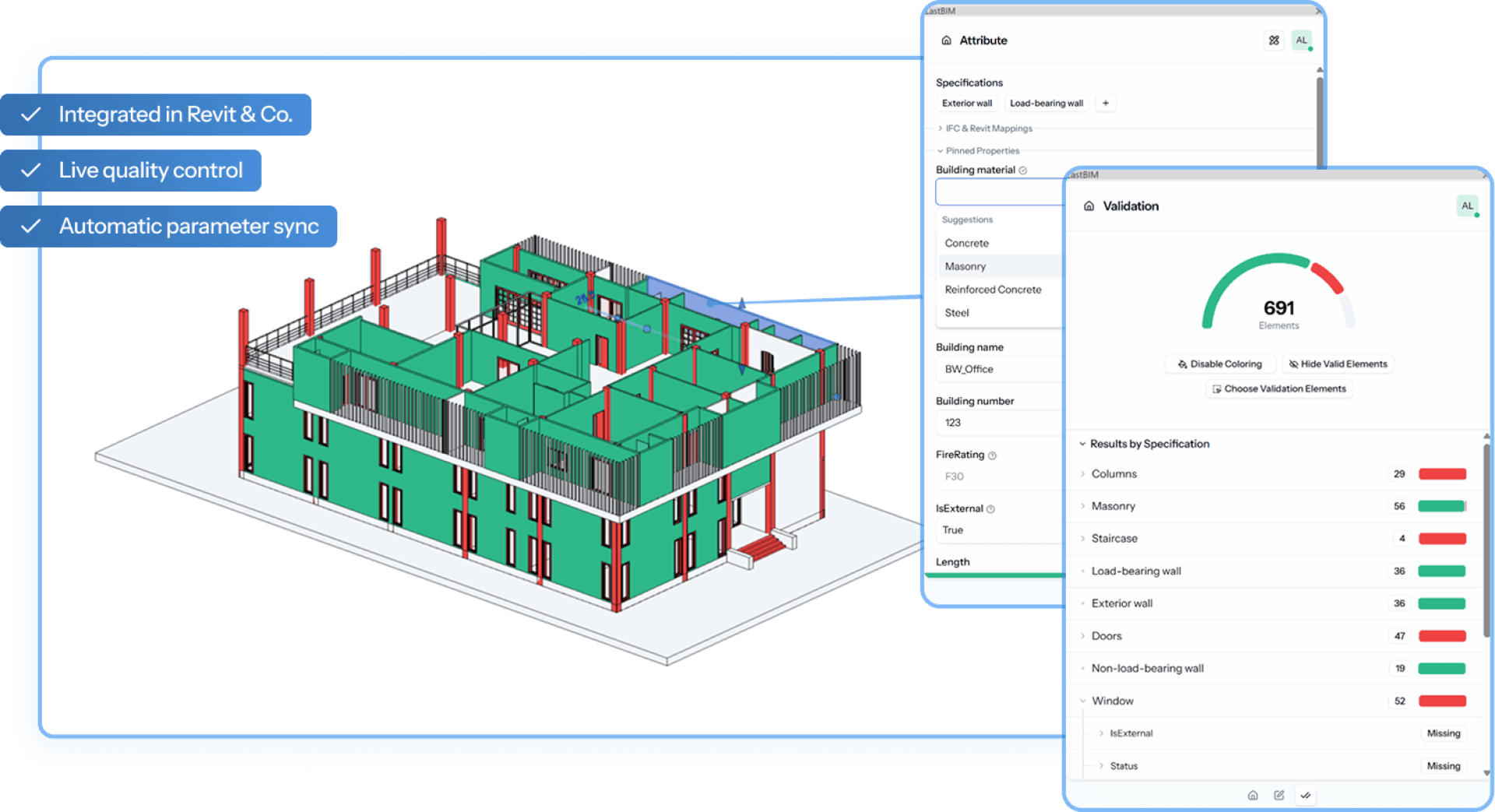 3D-Modell eines Gebäudes mit Oberflächen-Overlays, die Gebäudedaten, Validierungsergebnisse und Funktionen anzeigen: Integriert in Revit & Co, Live-Qualitätskontrolle und automatische Parametersynchronisation mit grünen Häkchen.