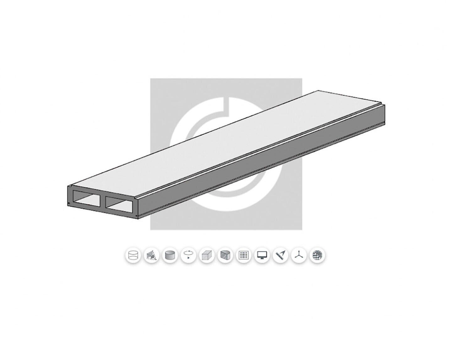 3D-Rendering einer hohlen rechteckigen Betonplatte mit zwei inneren Längshohlräumen, dargestellt in perspektivischer Ansicht. Die Platte ist grau und liegt auf einem quadratischen grauen Hintergrund mit kreisförmigen Symbolen darunter.