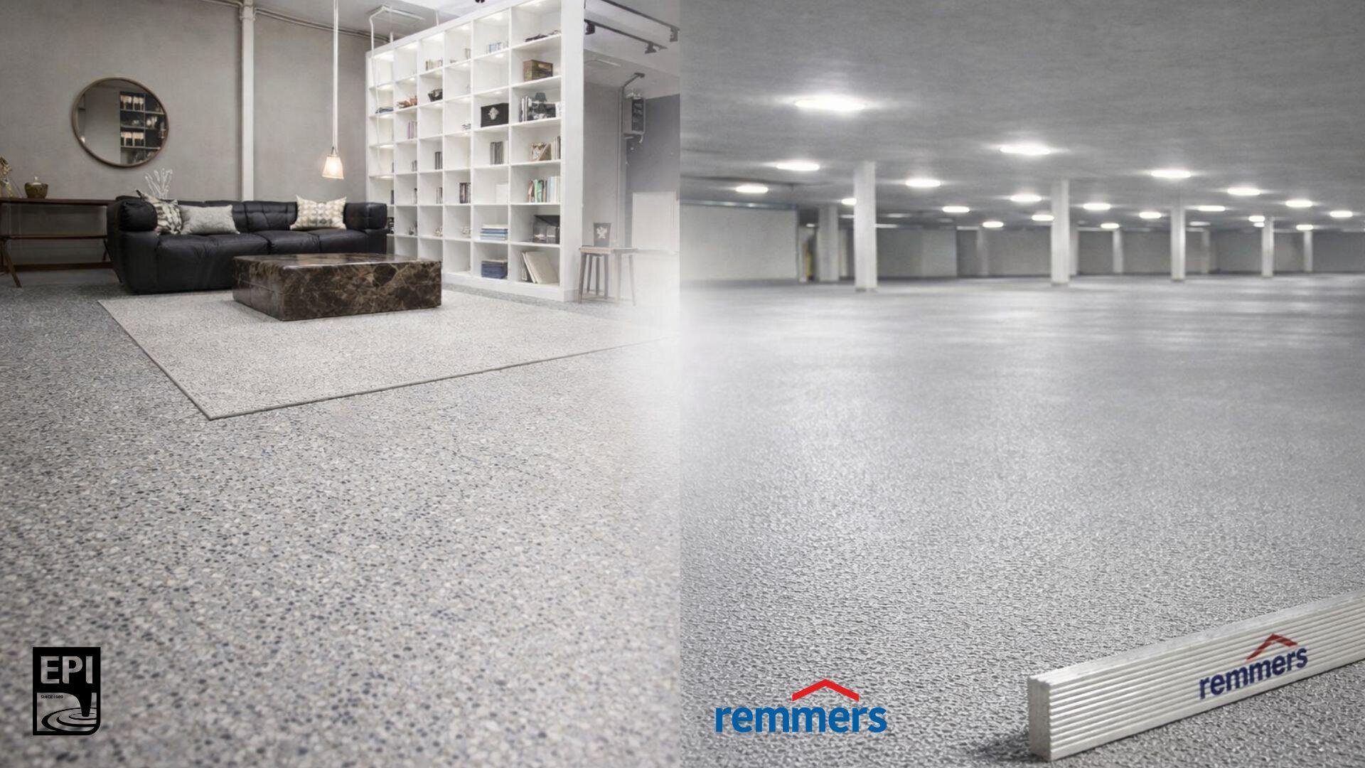 Une image divisée montre un salon moderne avec un revêtement de sol moucheté à gauche et un grand parking vide avec un revêtement de sol similaire à droite. En bas, on peut voir les logos d'EPI et de Remmers.