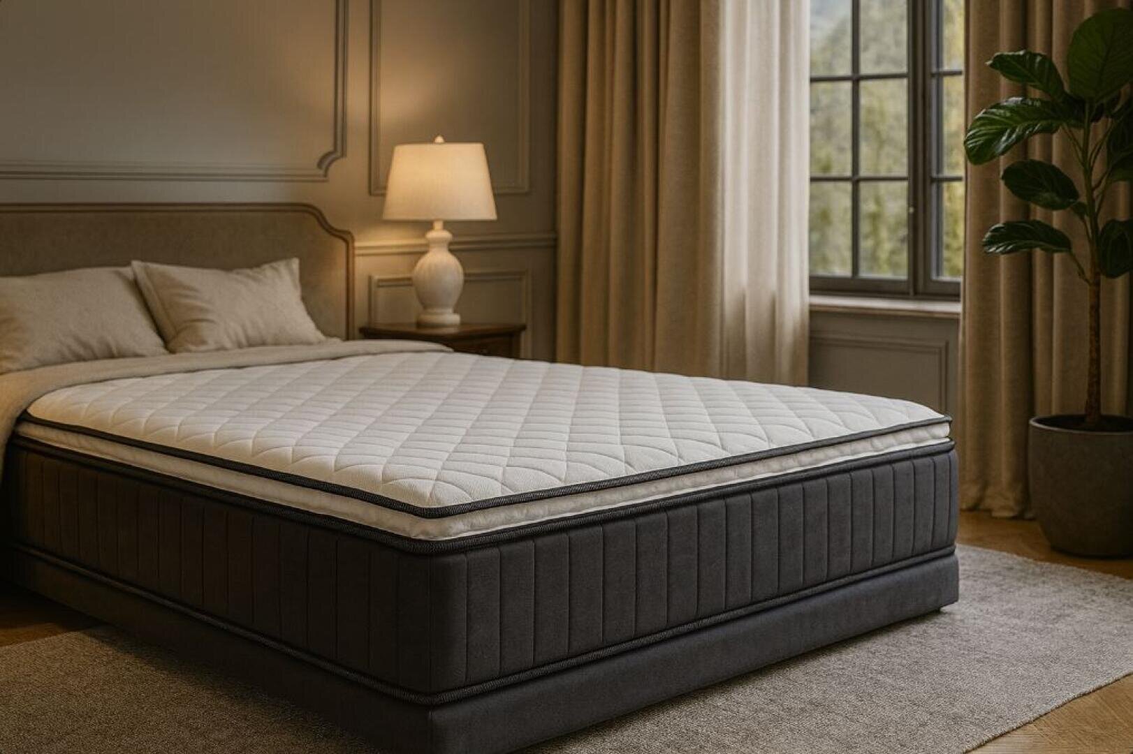 Ein ordentlich gemachtes Bett mit einer dicken, gesteppten Matratze in einem gemütlichen Schlafzimmer mit beigen Wänden, einem Fenster mit Vorhängen, einem Nachttisch mit einer Lampe und einer Topfpflanze auf einem hellen Teppich.