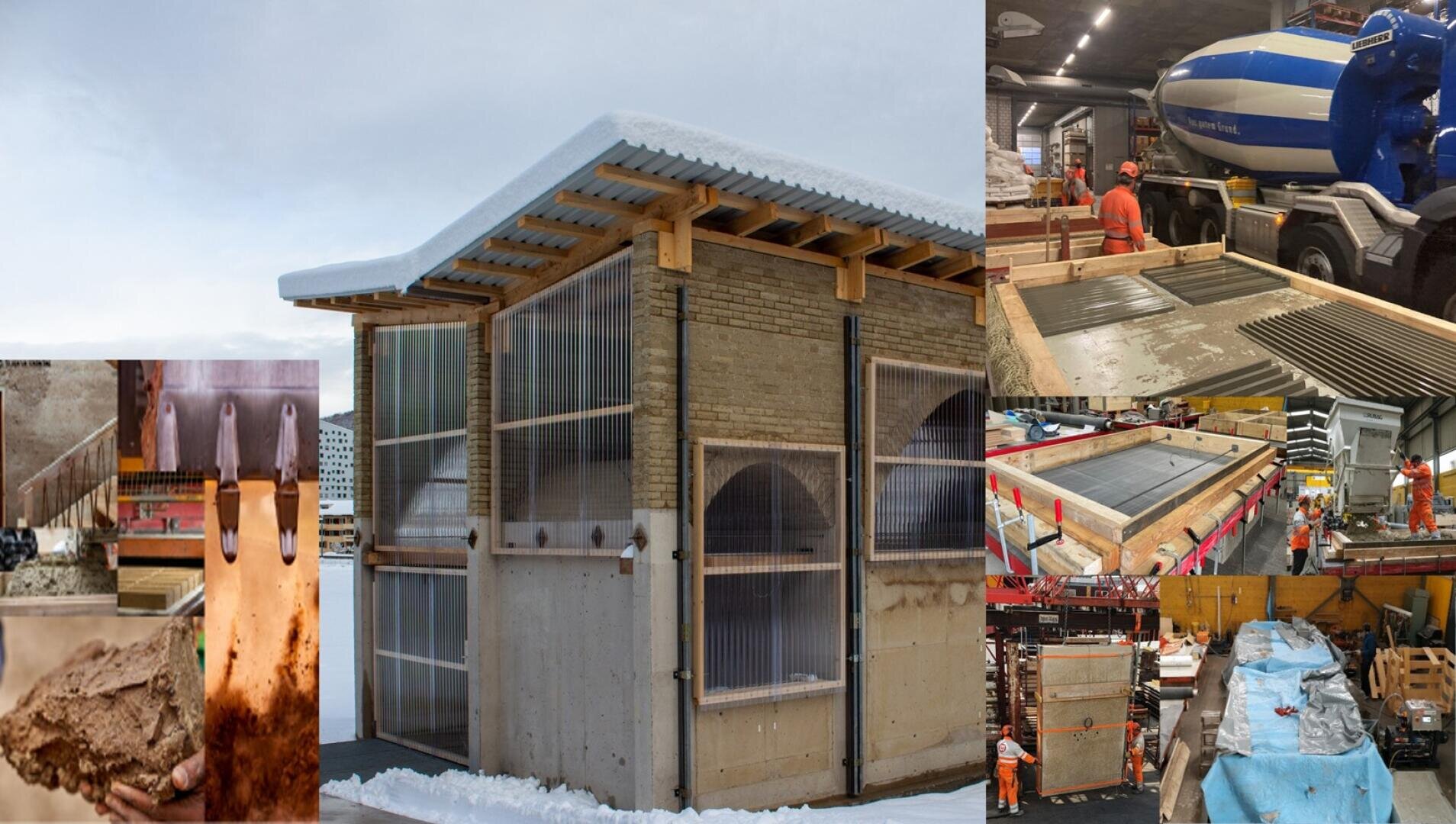 Collage, die den Bauprozess eines modernen, nachhaltigen Gebäudes mit Holz, transparenten Paneelen und Erdwänden zeigt. Arbeiter bereiten Baumaterialien und Paneele drinnen vor; das fertige Gebäude steht draußen, mit Schnee auf dem Dach.