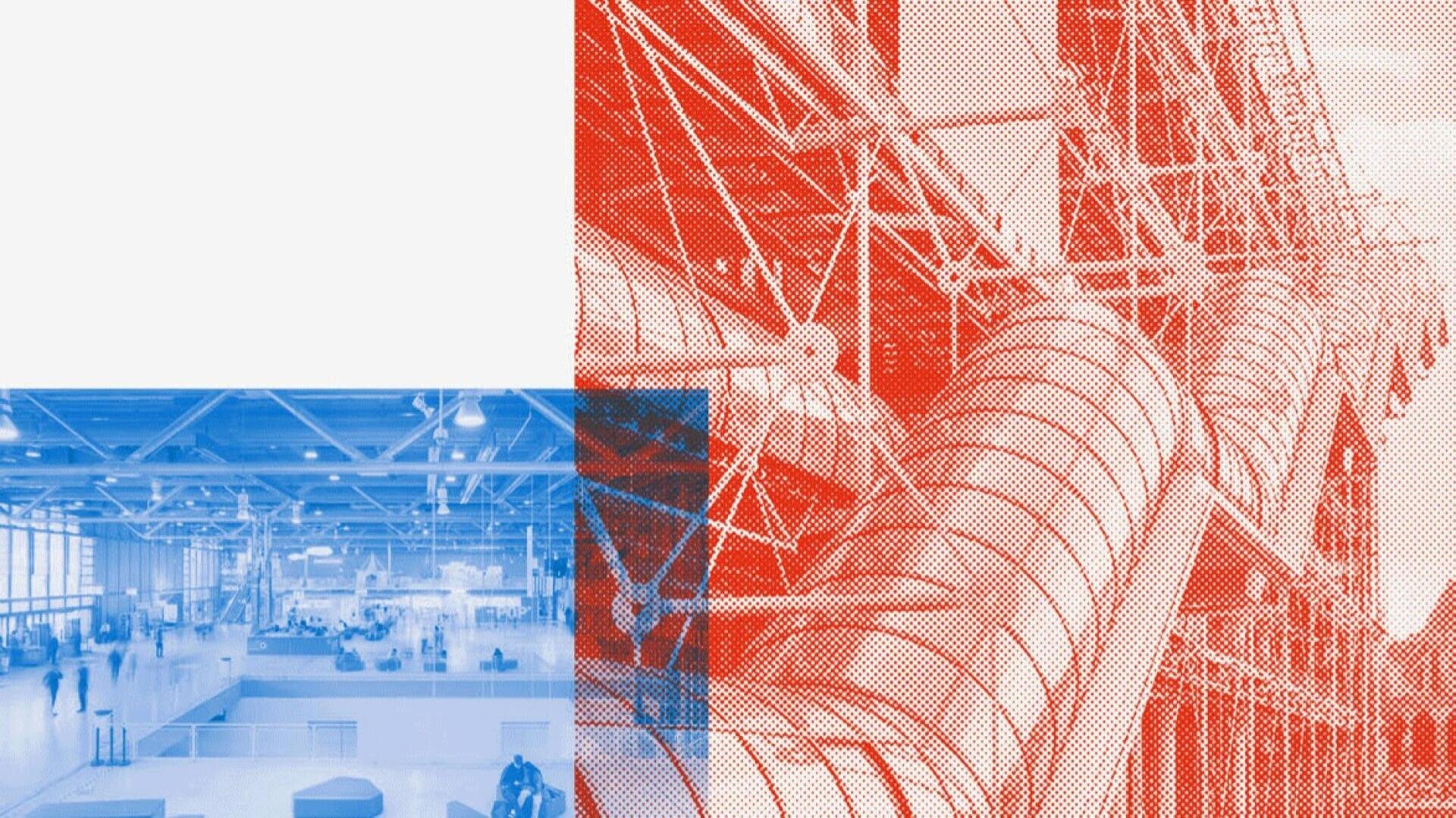 Ein grafischer Entwurf, der auf der linken Seite das Innere eines Industriegebäudes in Blautönen und auf der rechten Seite eine Außenansicht mit Rohren und Trägern in Rottönen zeigt, unterteilt in geometrische Abschnitte.