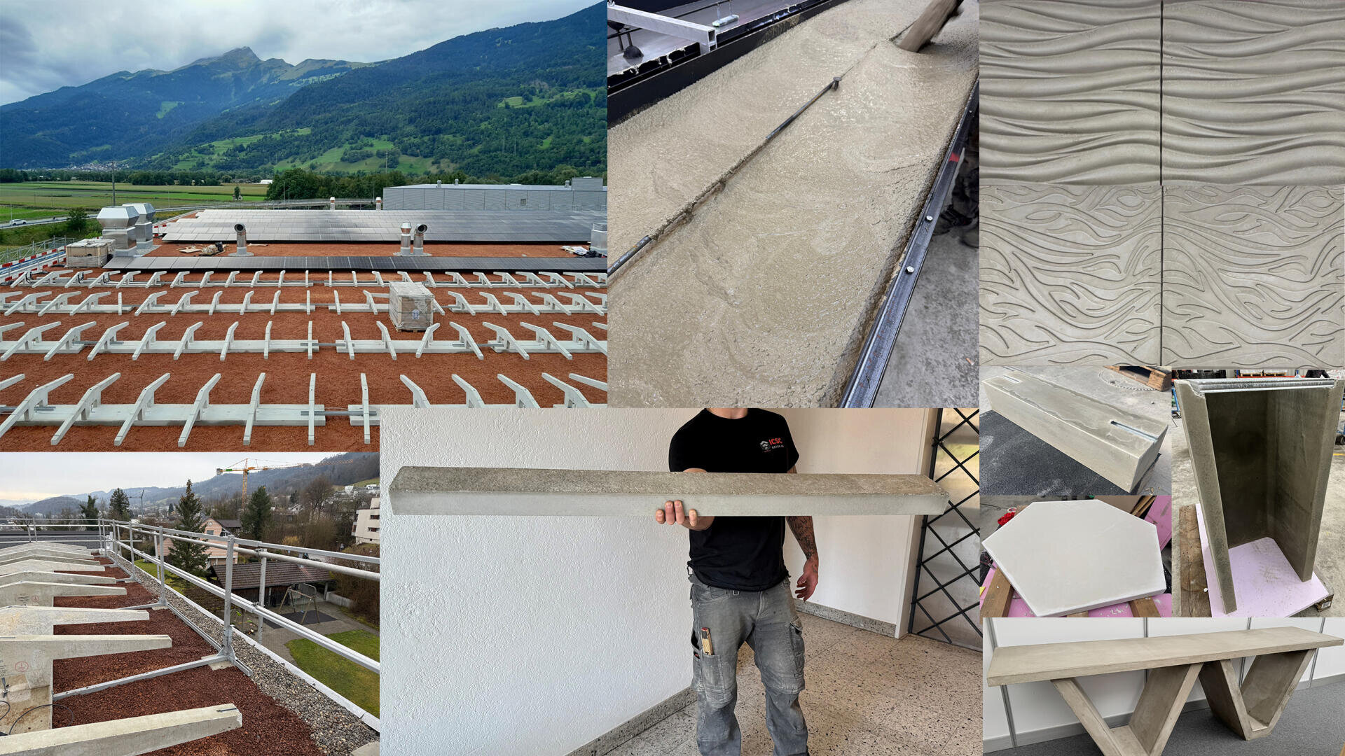 Eine Collage, die die Betonherstellung zeigt: im Freien angeordnete Balken, eine Bergkulisse, nasser Beton, der gegossen wird, strukturierte Betonplatten, eine Person, die einen Betonbalken hält, und verschiedene geometrische Betonteile.