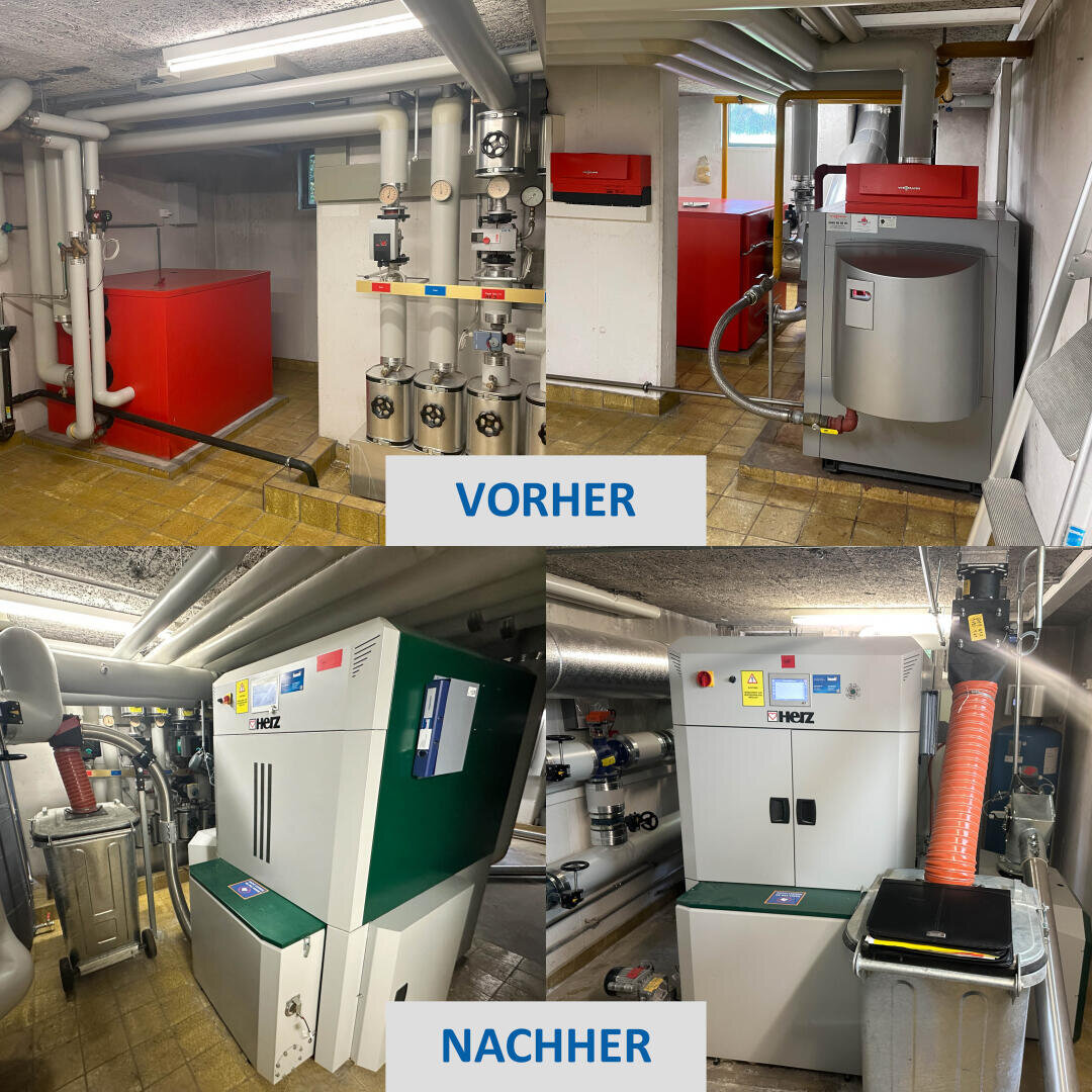 Eine Collage zeigt ein Kellerheizungssystem vor und nach der Renovierung. Die oberen Bilder mit der Aufschrift VORHER zeigen alte rote und graue Geräte; die unteren Bilder mit der Aufschrift NACHHER zeigen neue, moderne grüne und weiße Geräte.