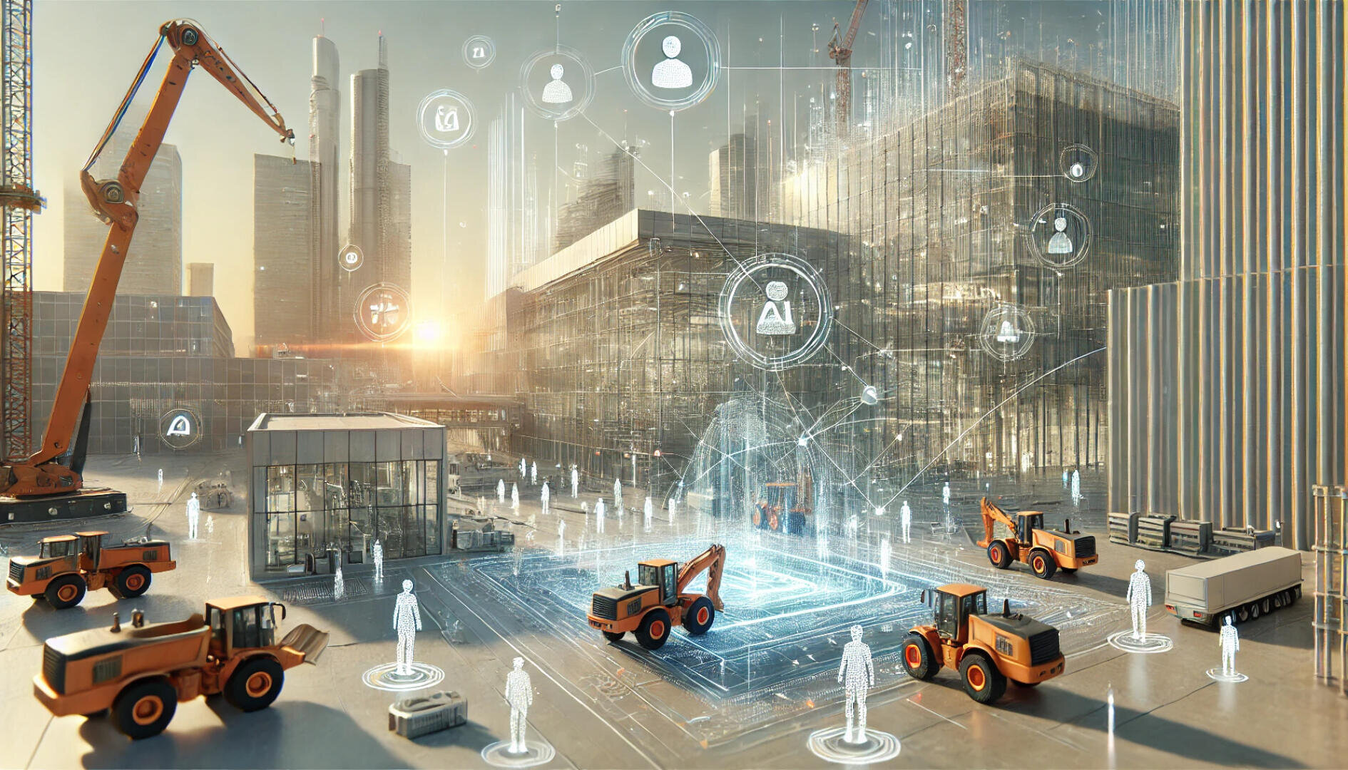 Eine futuristische Baustelle mit Kränen und Bulldozern, überlagerten digitalen Netzwerksymbolen, transparenten Gebäudestrukturen und holografischen menschlichen Figuren, die auf fortschrittliche Technologie und intelligente Stadtentwicklung hindeuten.
