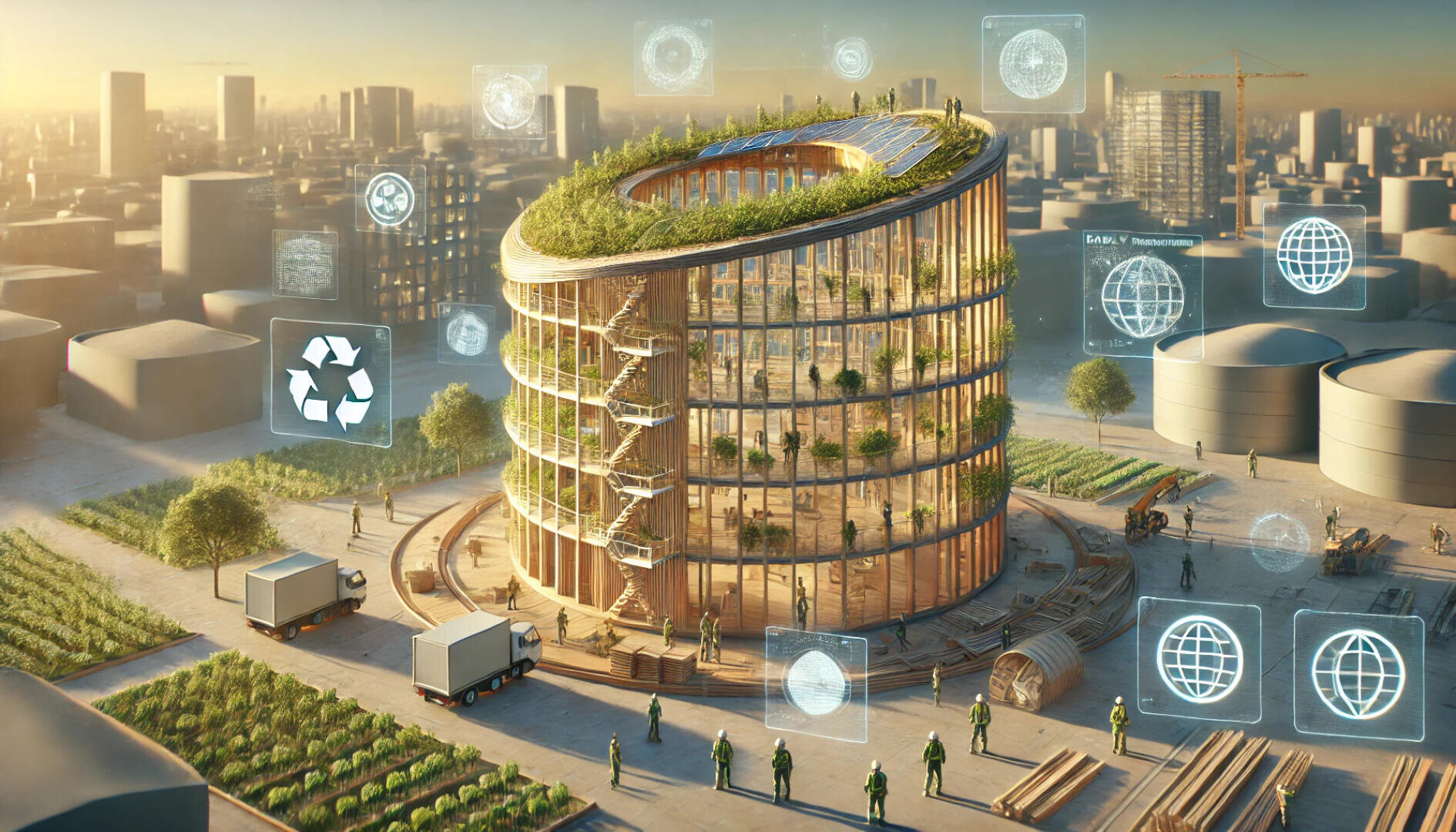 Ein futuristisches rundes Gebäude mit Dachgärten und Sonnenkollektoren steht inmitten von städtischen Bauernhöfen und Grünflächen. Menschen und Lastwagen umgeben es, während digitale Symbole für Umweltfreundlichkeit und Recycling in der Luft schweben und auf Nachhaltigkeit hinweisen.
