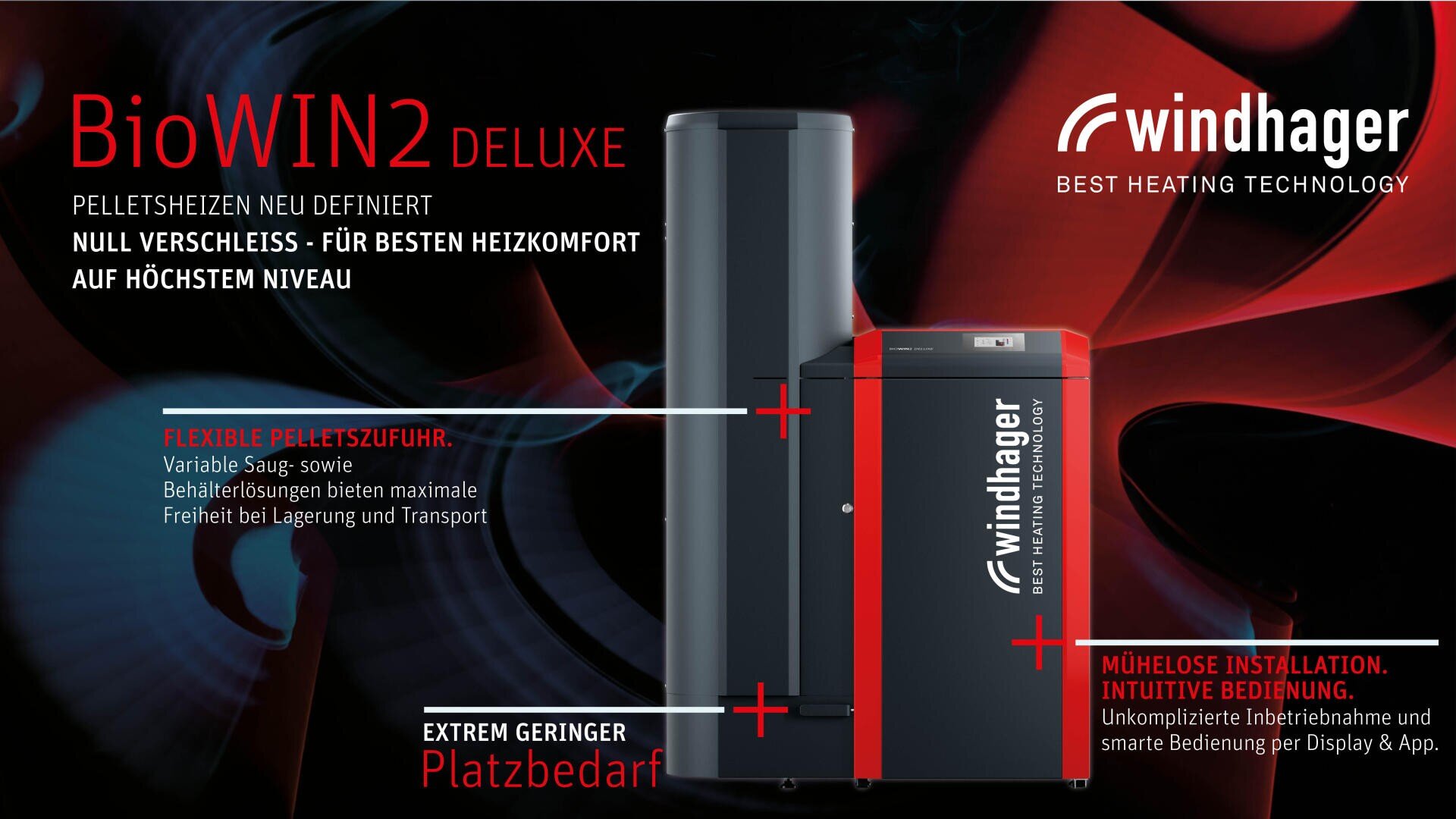 Ein schlankes, modernes Pelletsheizsystem mit der Bezeichnung BioWIN2 DELUXE von Windhager steht vor einem dunklen Hintergrund mit roten Akzenten. Die wichtigsten Merkmale sind in deutscher Sprache hervorgehoben und betonen das platzsparende Design und die einfache Installation.