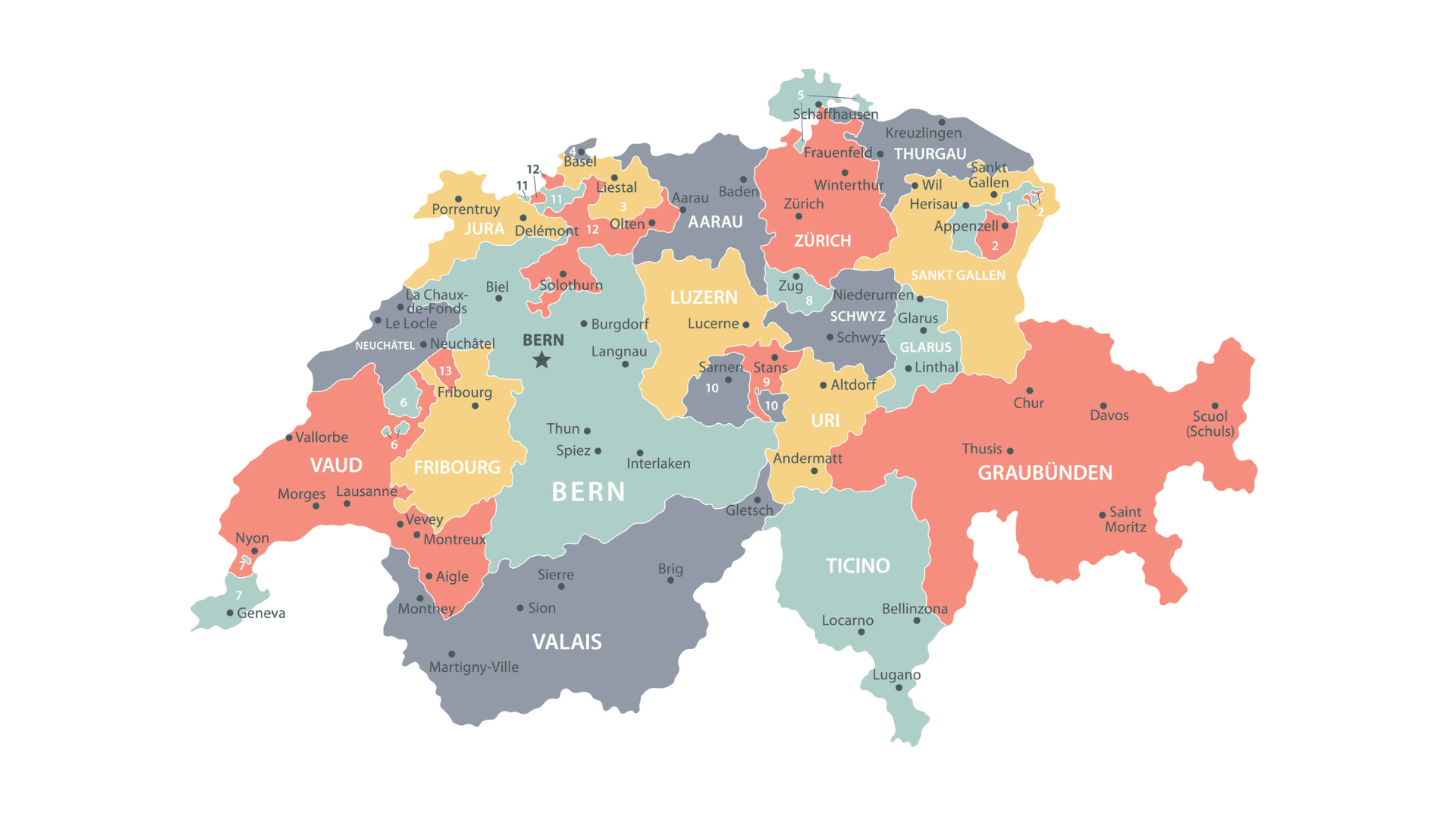 Bunte Karte der Schweiz mit den Kantonen, die jeweils mit ihrem Namen und ihrer Hauptstadt bezeichnet sind. Wichtige Kantone wie Bern, Zürich, Waadt und andere sind farblich und durch Grenzen getrennt.