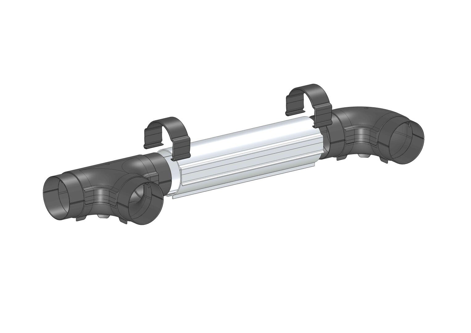 3D-Rendering eines röhrenförmigen Geräts mit zwei großen schwarzen ellbogenförmigen Enden und einem zentralen transparenten zylindrischen Abschnitt, der von zwei gebogenen schwarzen Klammern an der Oberseite gehalten wird.