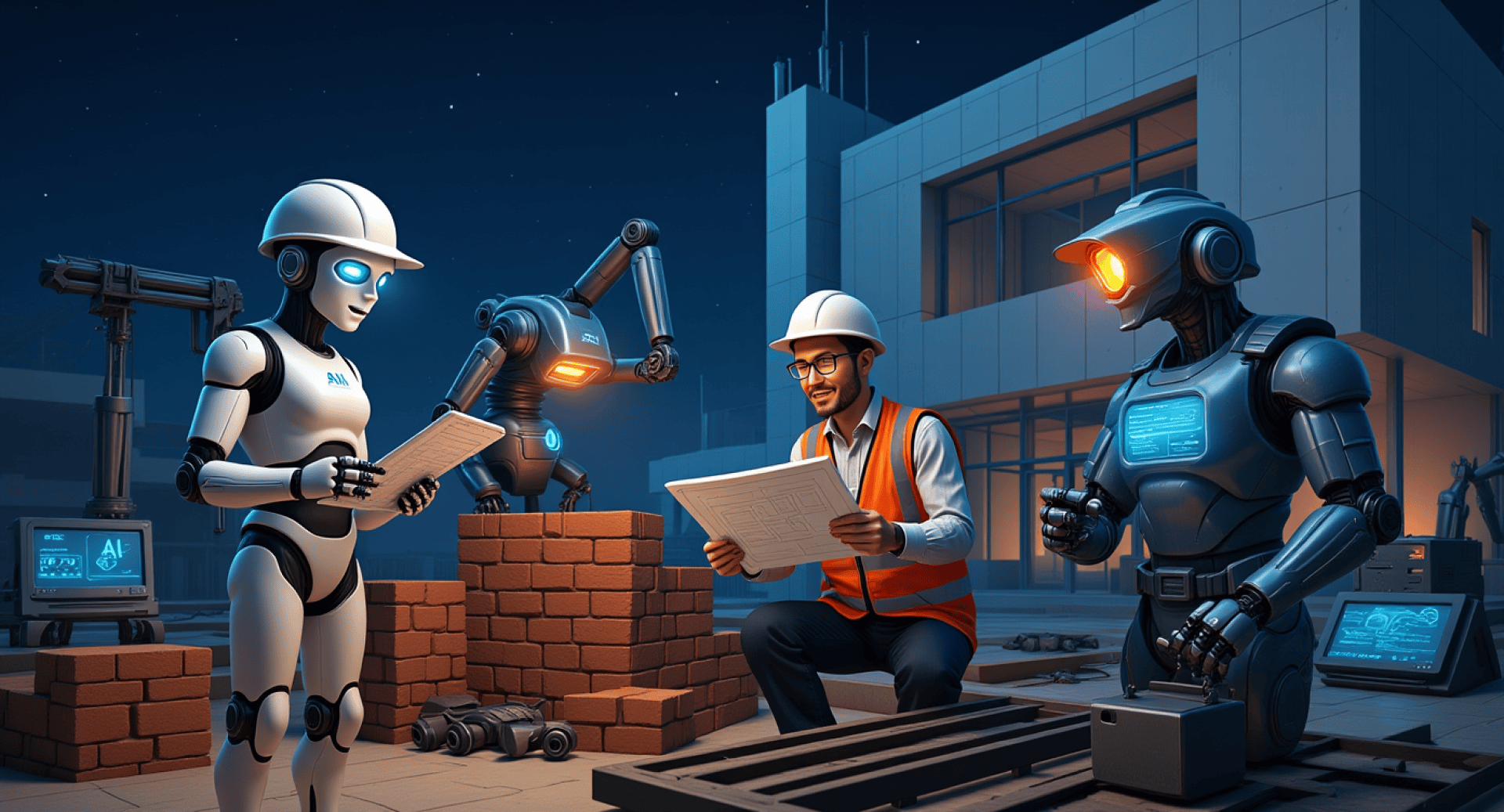 Eine nächtliche Baustelle mit zwei humanoiden Robotern und einem menschlichen Ingenieur in Schutzhelm und Sicherheitsweste, die gemeinsam Baupläne prüfen, umgeben von Roboterarmen und digitalen Bildschirmen.