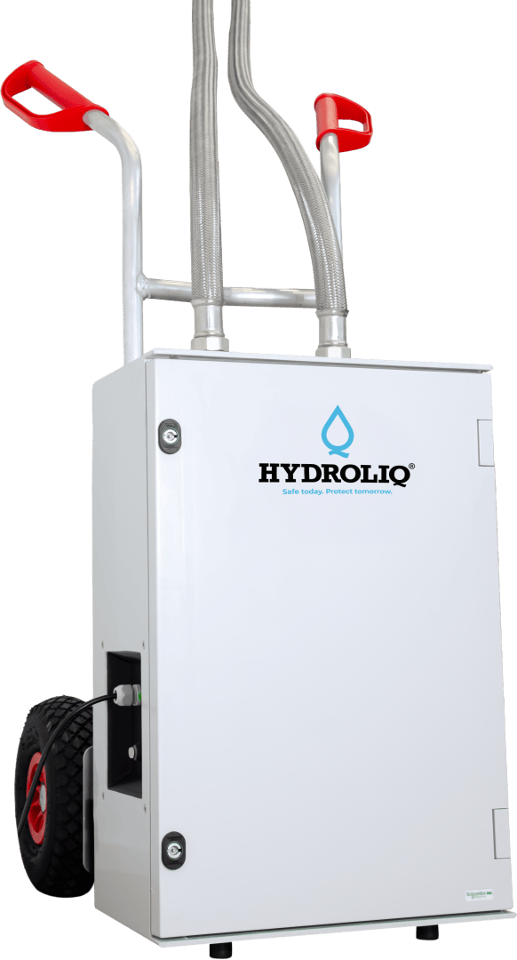 Weißes, tragbares Gerät der Marke HYDROLIQ mit zwei Metallgriffen, roten Handgriffen, zwei Rädern und zwei Metallschläuchen, die oben herausragen. Das Gerät hat ein Logo und Text auf der Vorderseite.