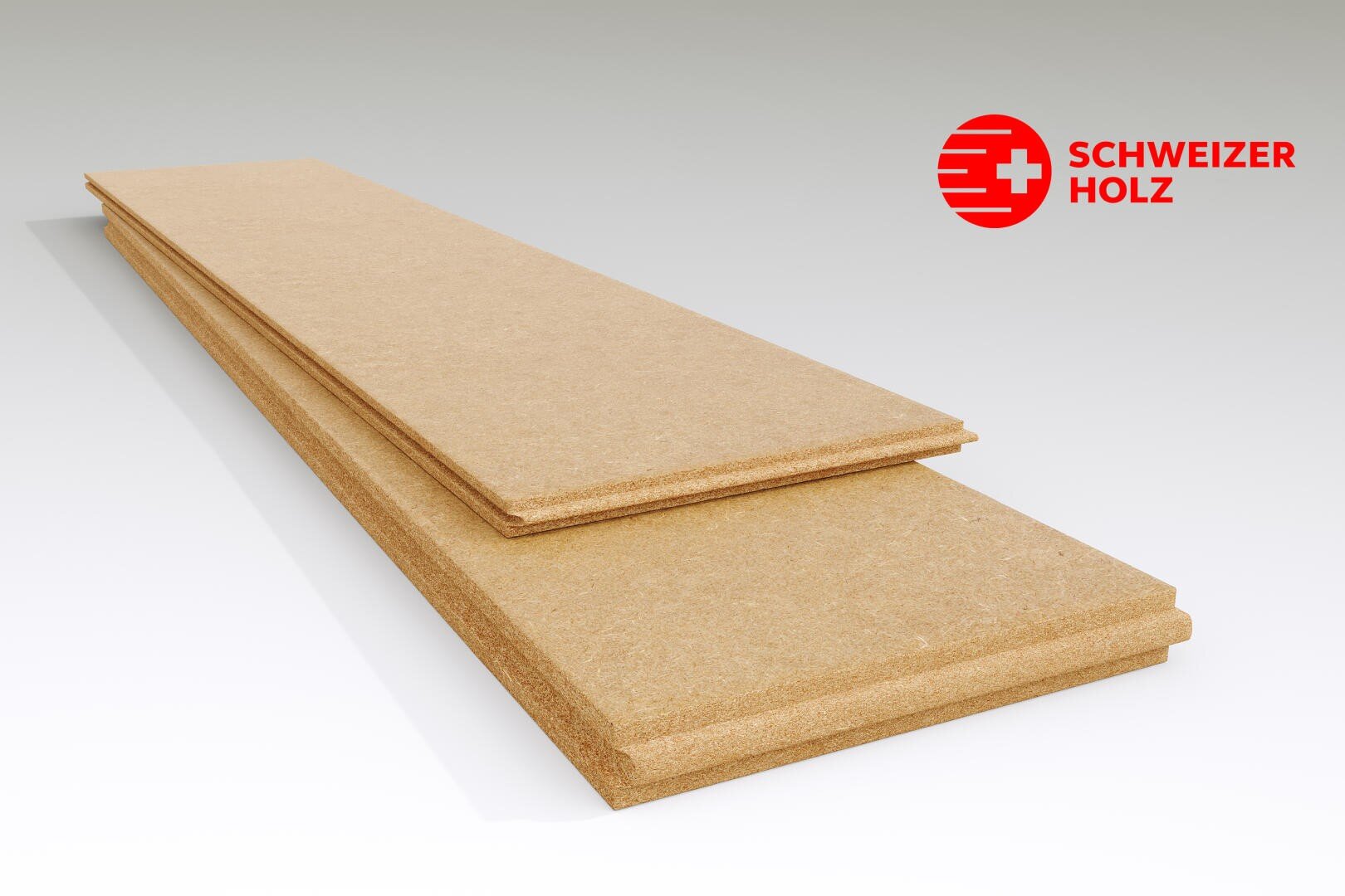 Zwei rechteckige Holzfaserplatten übereinander gestapelt, mit dem Logo "Schweizer Holz" mit weißem Kreuz und rotem Hintergrund in der rechten oberen Ecke.