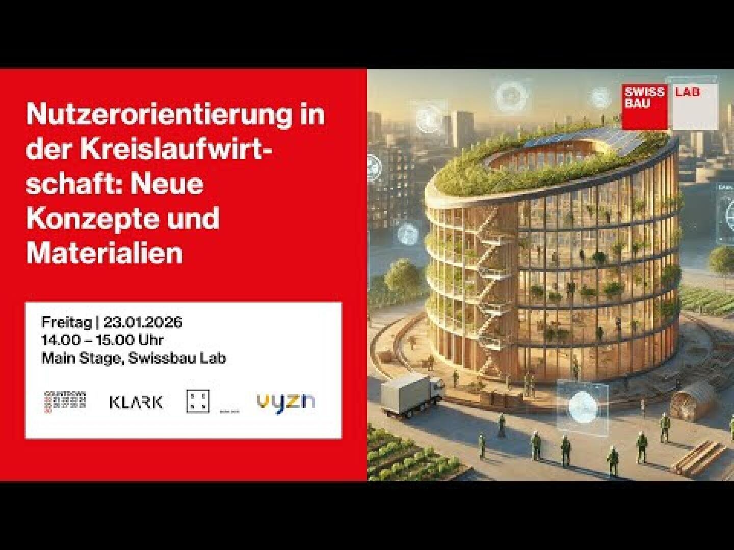 Veranstaltungsplakat mit rotem und weißem Text über Nutzerorientierung in der Kreislaufwirtschaft. Rechts eine Illustration eines futuristischen, umweltfreundlichen runden Gebäudes mit Grünflächen auf jeder Etage und Menschen, die draußen herumlaufen.