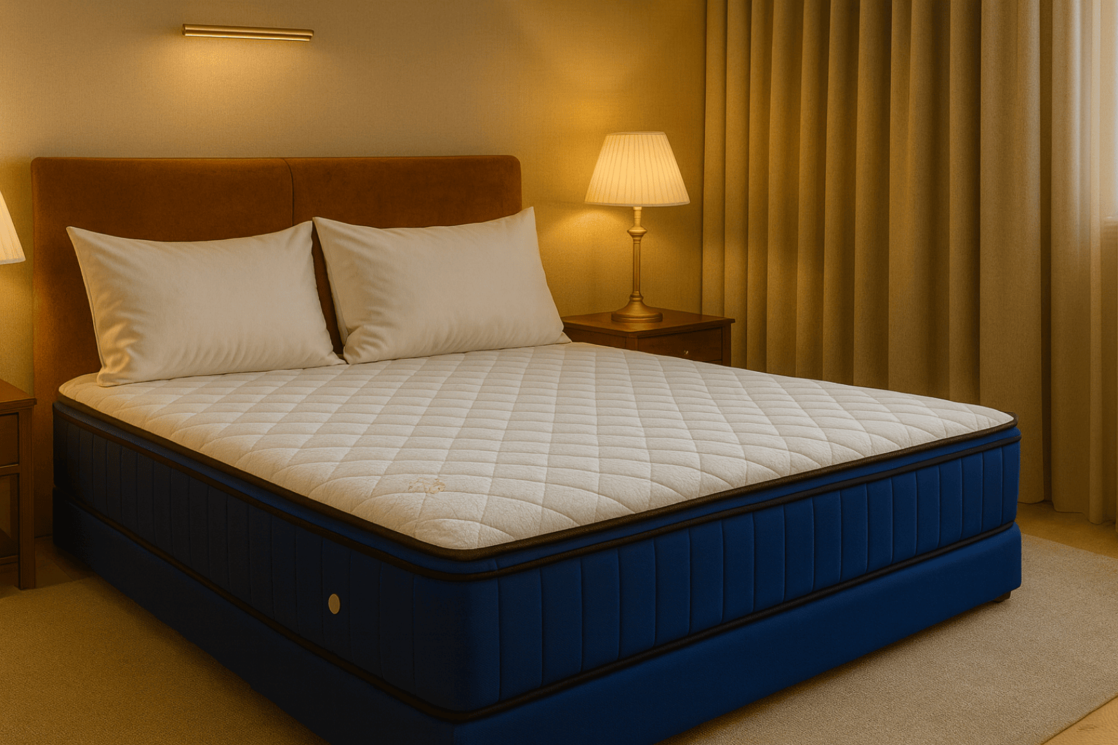 Ein ordentlich gemachtes Bett mit einer blauen Matratze, weißer Steppdecke, zwei weißen Kissen und einem braun gepolsterten Kopfteil, flankiert von hölzernen Nachttischen mit Lampen in einem sanft beleuchteten, beigefarbenen Raum.