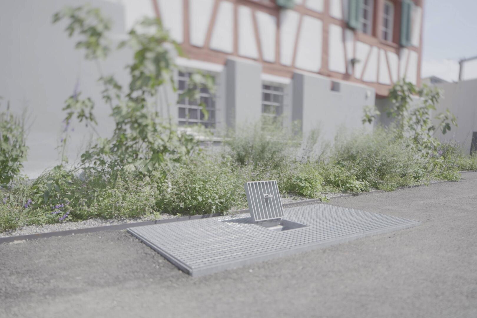 Une grille métallique avec une plaque rectangulaire basculée est encastrée dans un trottoir pavé, entouré de plantes vertes envahissantes, avec un bâtiment traditionnel à colombages en arrière-plan.