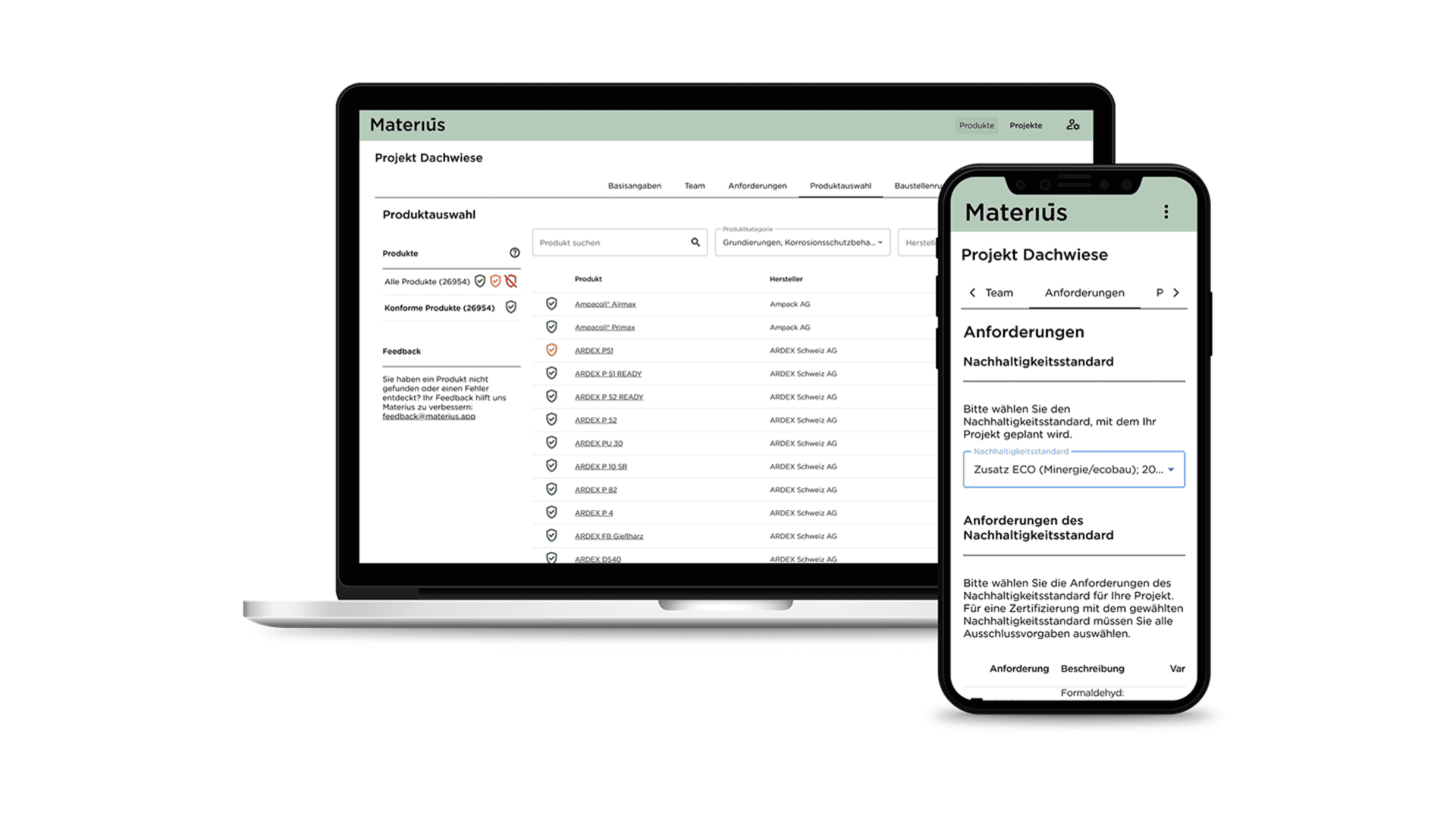 Auf einem Laptop und einem Smartphone wird eine Software-Oberfläche namens Materius Projekt Dachweise mit Listen, Registerkarten und Anforderungsdetails in deutscher Sprache angezeigt, die die Kompatibilität zwischen verschiedenen Geräten zeigt.