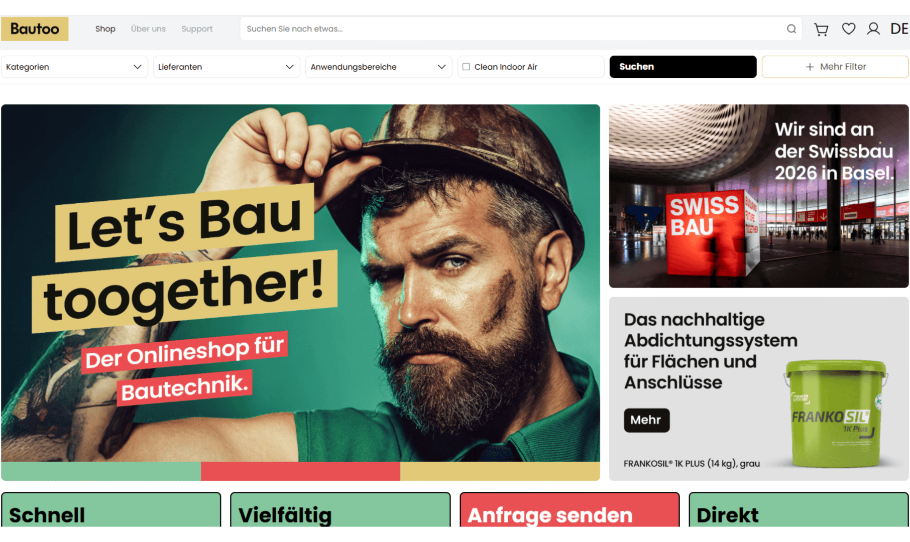 Capture d'écran de la page d'accueil du site web de Bautoo avec un homme barbu portant un casque de chantier, le texte en gras Lets Bau together ! et des bannières publicitaires pour Swissbau 2026 et les systèmes d'étanchéité durables.