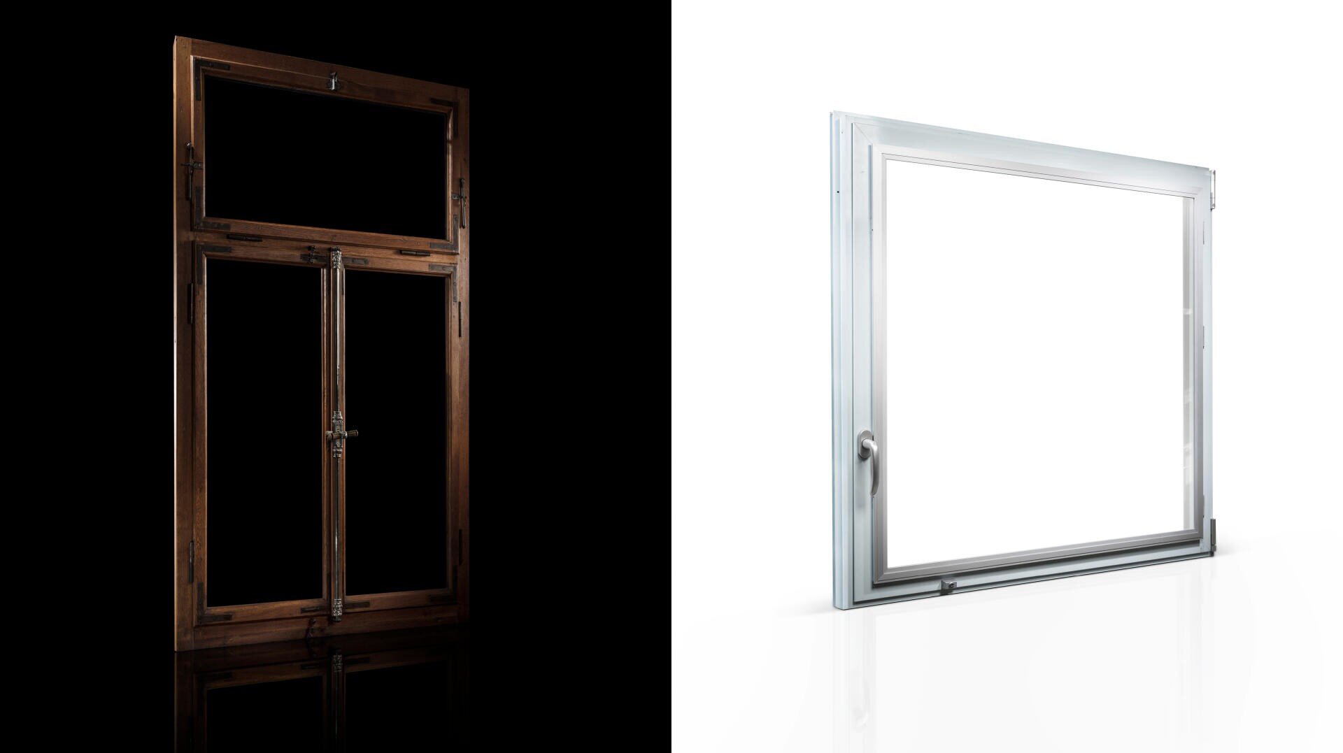 Das Bild zeigt zwei Fensterrahmen: einen Holzrahmen auf schwarzem Hintergrund auf der linken Seite und einen modernen Metallrahmen auf weißem Hintergrund auf der rechten Seite. Beide Rahmen sind leer und zeigen nur ihre Strukturen.