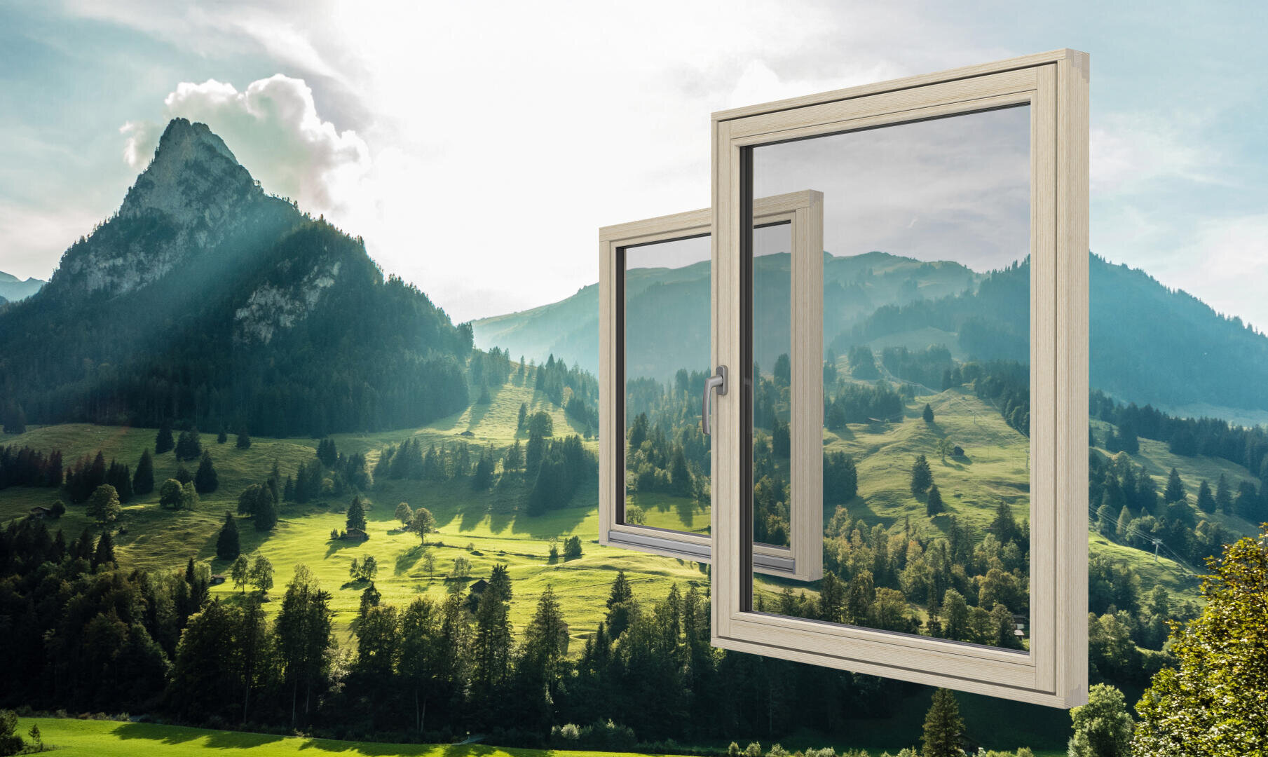 Zwei holzgerahmte Fenster scheinen vor einer malerischen Landschaft mit grünen Hügeln, verstreuten Bäumen und einem Berg im Hintergrund unter einem hellen Himmel zu schweben.