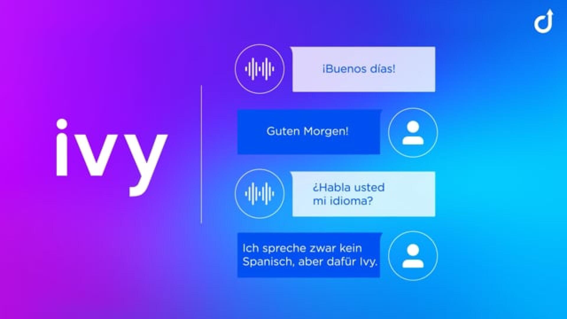 Eine Grafik mit dem Text Efeu auf einem Hintergrund mit violett-blauem Farbverlauf, mit Chatblasen in Spanisch und Deutsch und Audiosymbolen, die für mehrsprachige Kommunikation stehen.