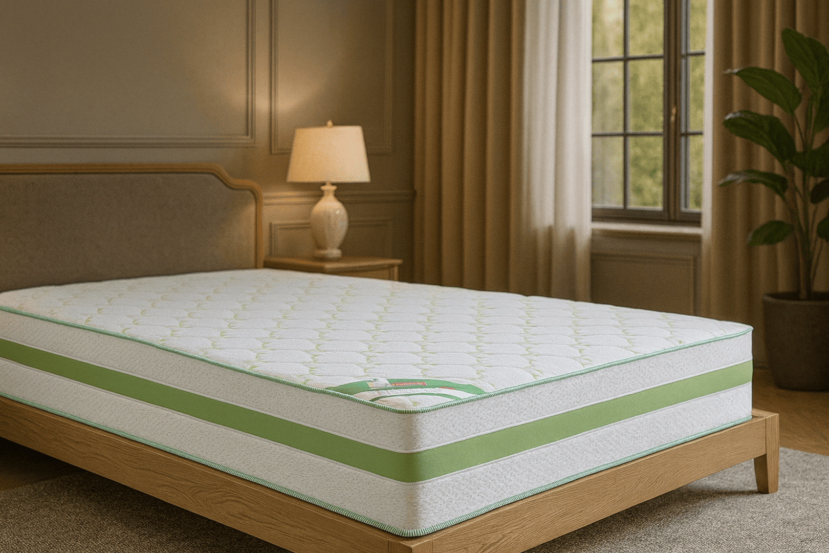 Un lit bien fait avec un matelas blanc et vert dans une chambre confortable et doucement éclairée avec une table de nuit avec une lampe, des rideaux beiges, une grande fenêtre et une plante en pot.