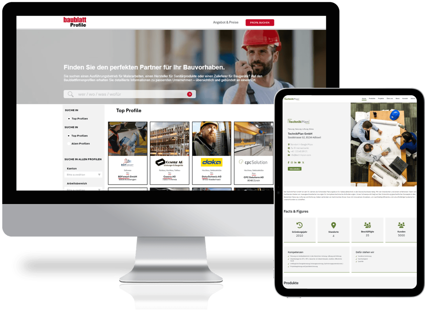 Ein Desktop-Computer und ein Tablet zeigen eine baubezogene Website an; der Desktop-Computer zeigt eine Suchseite für Baupartner, und das Tablet zeigt eine Profilseite mit Unternehmensdetails und Projektinformationen.