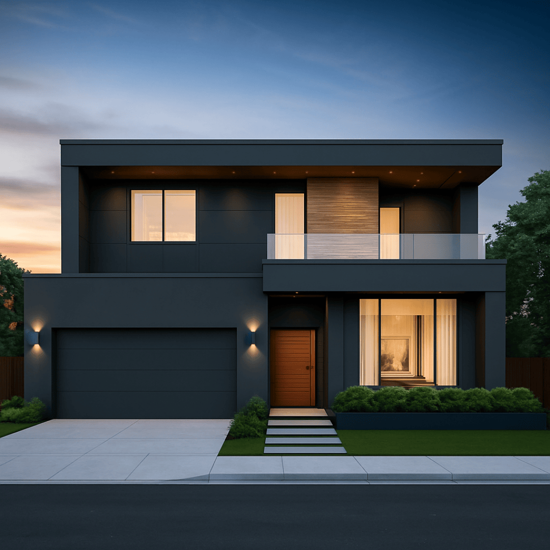 Une maison moderne de deux étages avec une façade sombre, de grandes fenêtres, un balcon et un garage, vue au coucher du soleil. Dans le jardin de devant, il y a des buissons bien taillés et un chemin qui mène à l'entrée.