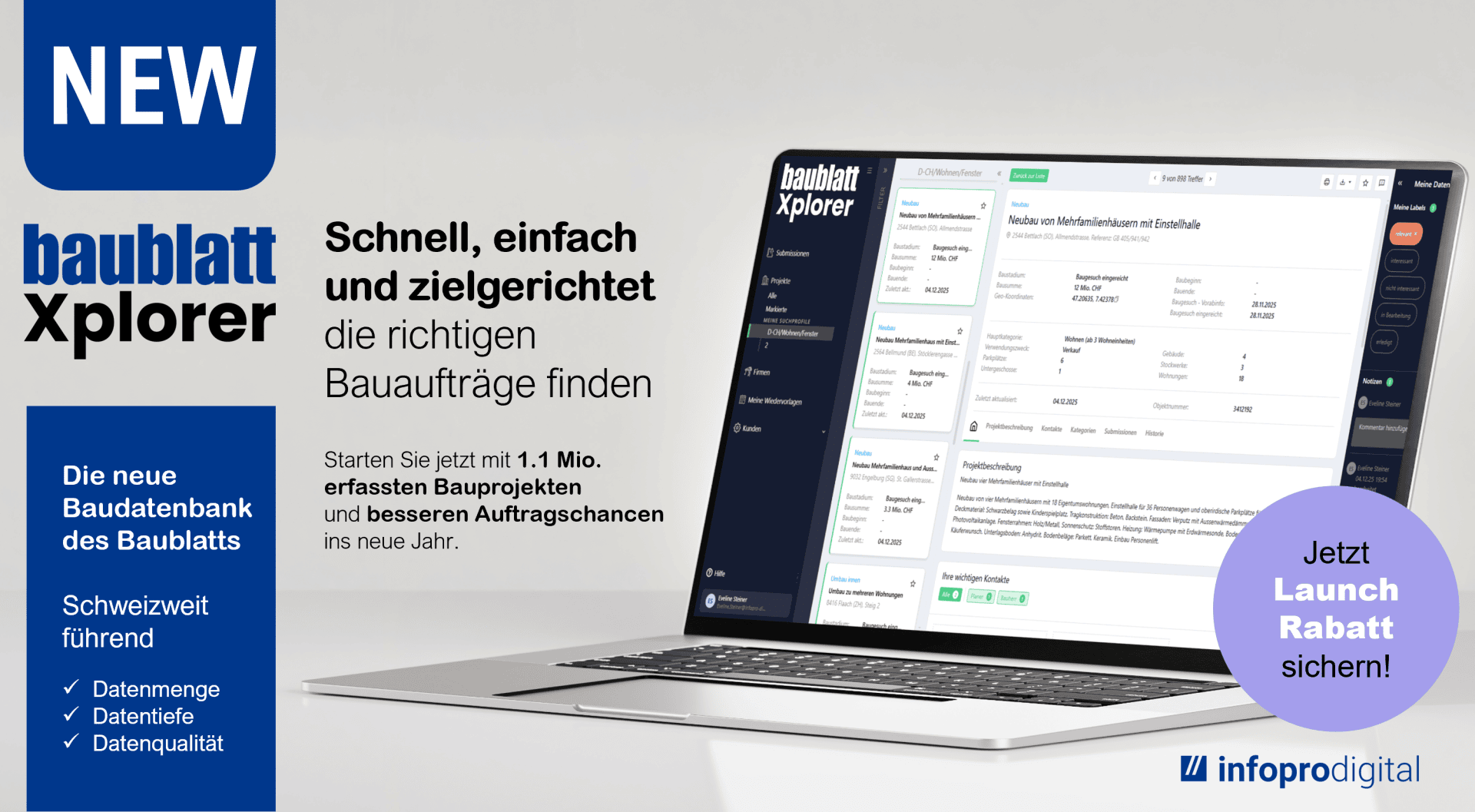 Eine Werbegrafik für baublatt Xplorer zeigt einen Laptop, auf dem die Softwareoberfläche angezeigt wird. Der Text hebt Funktionen wie eine führende Bauprojektdatenbank und einen Einführungsrabatt hervor und setzt blaue und violette Akzente.