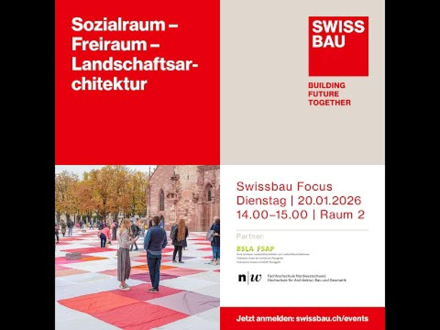 Vier-Tafel-Grafik für die SWISSBAU-Veranstaltung. Oben links: Deutscher Text über Architektur. Oben rechts: SWISSBAU-Logo und Slogan. Unten links: Menschen laufen auf einer gemusterten Aussenfläche. Unten rechts: Veranstaltungshinweise mit Datum und Uhrzeit.