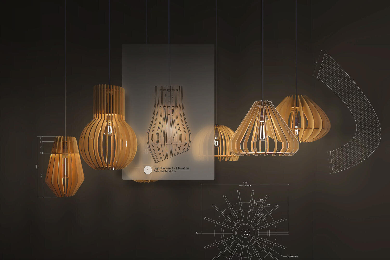 Eine Reihe moderner Pendelleuchten aus Holz mit freiliegenden Glühbirnen hängt vor einem dunklen Hintergrund, begleitet von technischen Konstruktionszeichnungen und Diagrammen. Die Leuchten strahlen ein warmes Licht aus und schaffen eine stilvolle, moderne Atmosphäre.