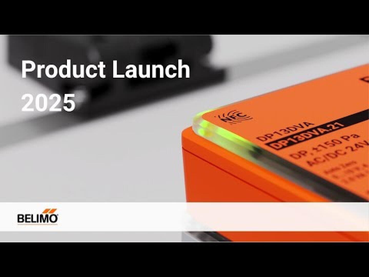 Nahaufnahme eines orangefarbenen Belimo-Geräts mit leuchtend grünem Rand. Links erscheint der Text Product Launch 2025, unten im Bild ist das Belimo-Logo zu sehen.