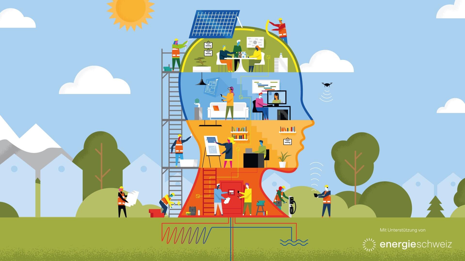 Illustration d'une maison en forme de tête humaine, dans laquelle des personnes installent des panneaux solaires, utilisent la technologie, jardinent et travaillent, entourées de nature, de montagnes, d'éoliennes et d'un soleil éclatant qui fait la promotion de l'énergie durable.