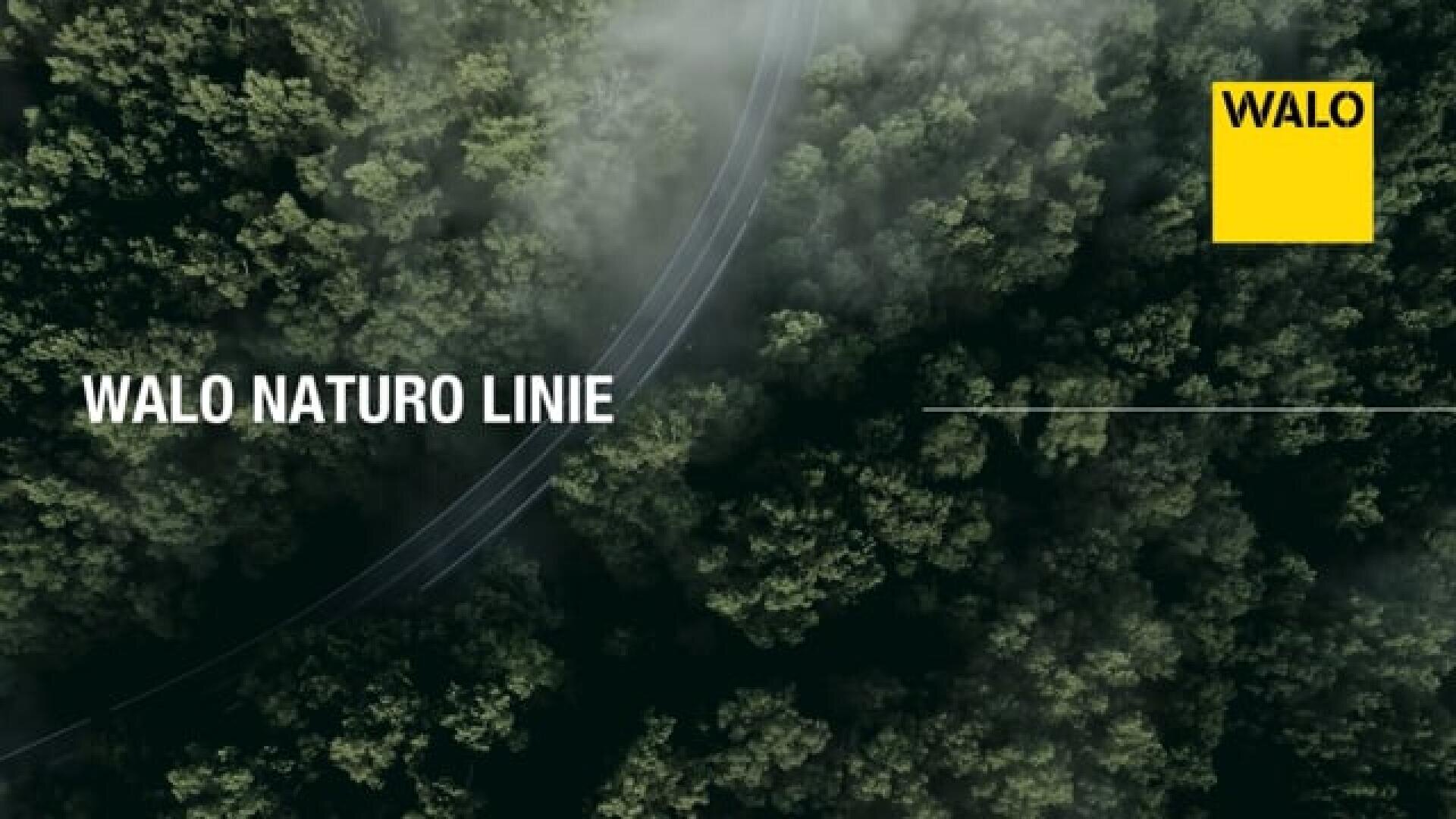 Eine kurvenreiche Straße führt von oben gesehen durch einen dichten, grünen Wald. In der oberen rechten Ecke befindet sich ein gelbes Quadrat mit WALO in schwarzer Schrift. Auf der linken Seite erscheint in großer weißer Schrift der Schriftzug WALO NATURO LINIE.