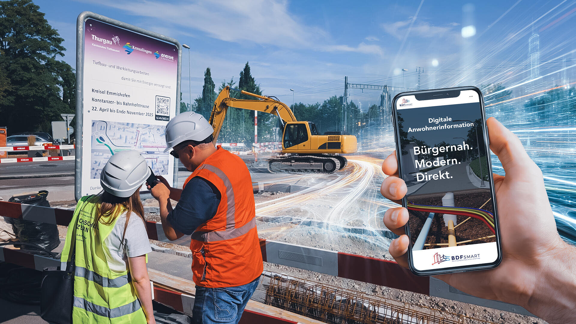 Zwei Bauarbeiter in Schutzkleidung prüfen Pläne auf einer Straßenbaustelle mit einem Bagger, während eine Hand im Vordergrund ein Smartphone hält, das einen digitalen Informationsdienst für Anwohner anzeigt.