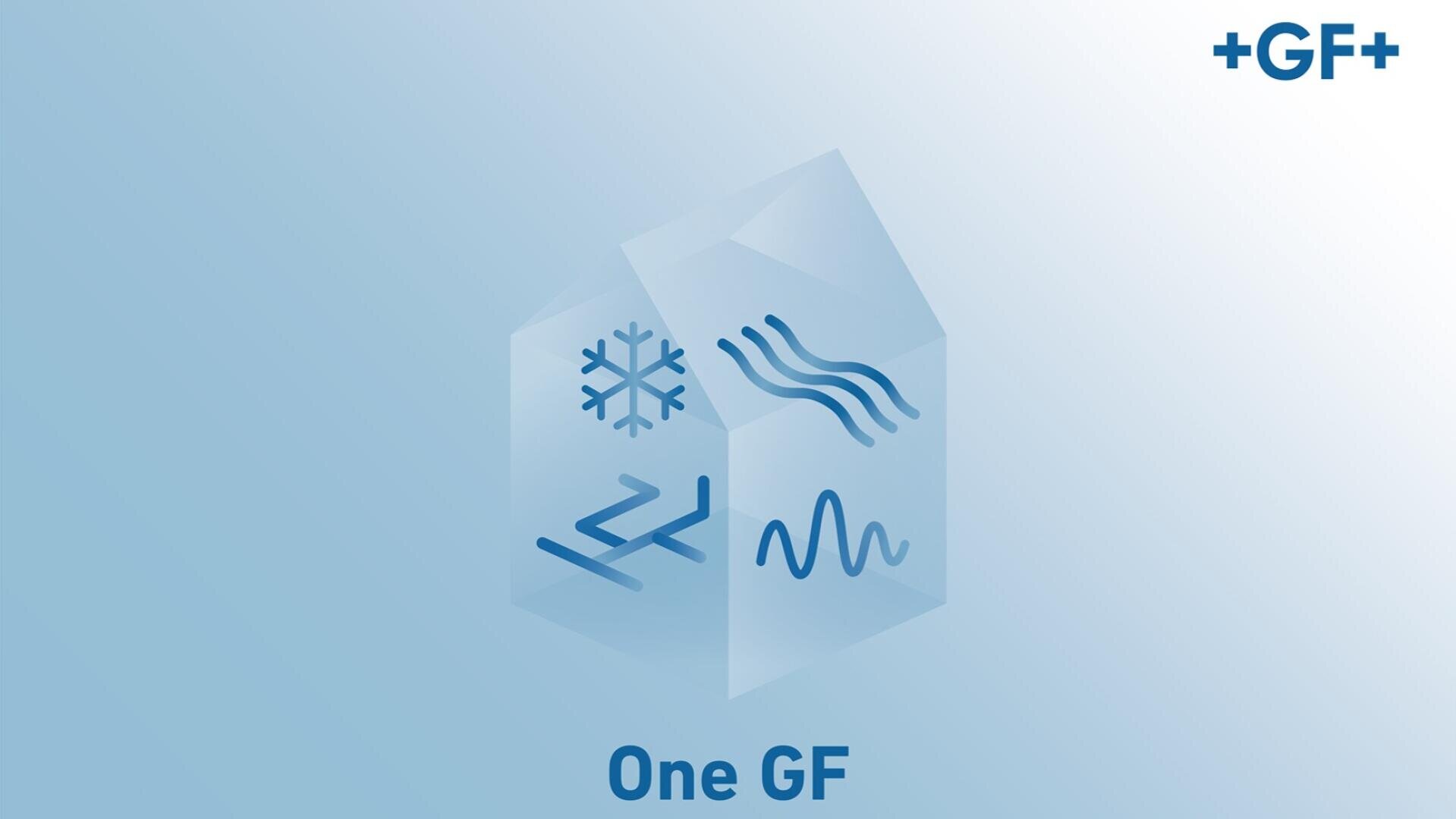 Une maison géométrique bleue avec des icônes représentant un flocon de neige, des lignes ondulées et des canalisations à l'intérieur. Le texte "One GF" apparaît en dessous, et "+GF+" se trouve dans le coin supérieur droit sur un fond dégradé clair.