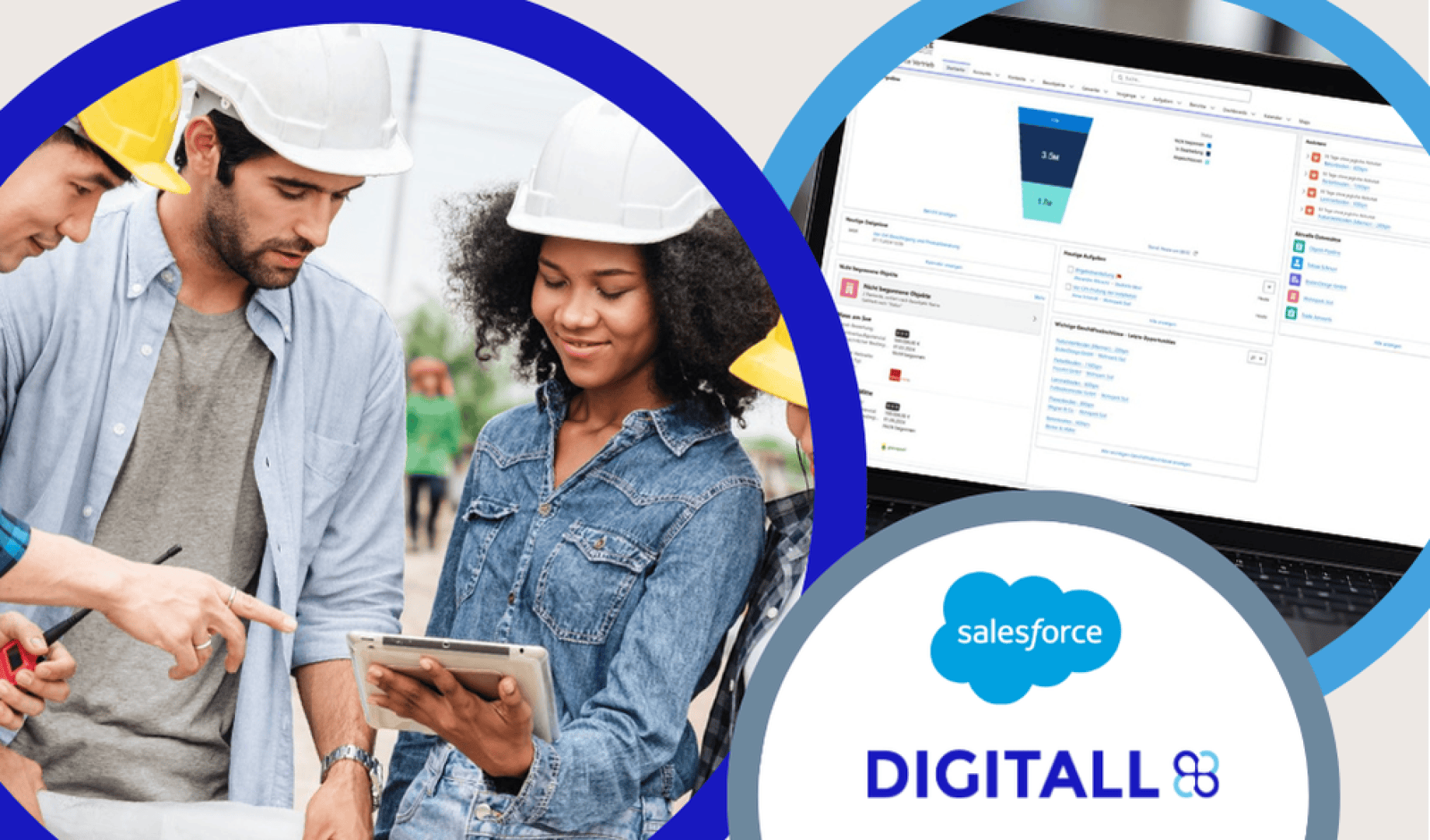 Eine Gruppe von Bauarbeitern mit Schutzhelmen prüft Informationen auf einem Tablet. Neben ihnen ist ein Computerbildschirm mit Salesforce-Daten zu sehen, und unten rechts erscheinen die Logos von Salesforce und DIGITALL.