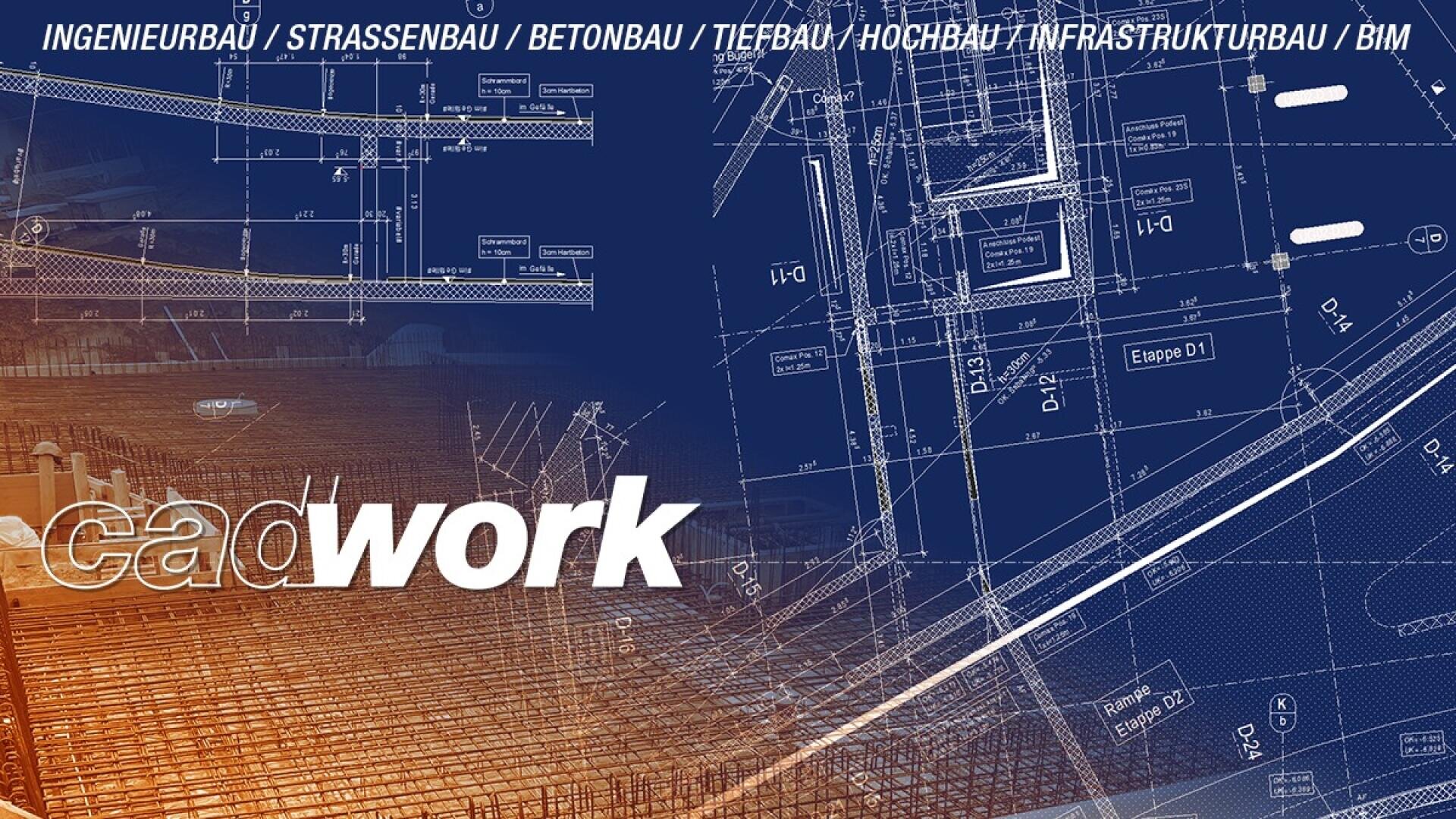 Graphique numérique représentant des plans d'architecture, des dessins de structure et le texte cadwork en caractères gras. Au-dessus, des mots allemands liés à l'ingénierie et à la construction apparaissent sur un fond bleu.