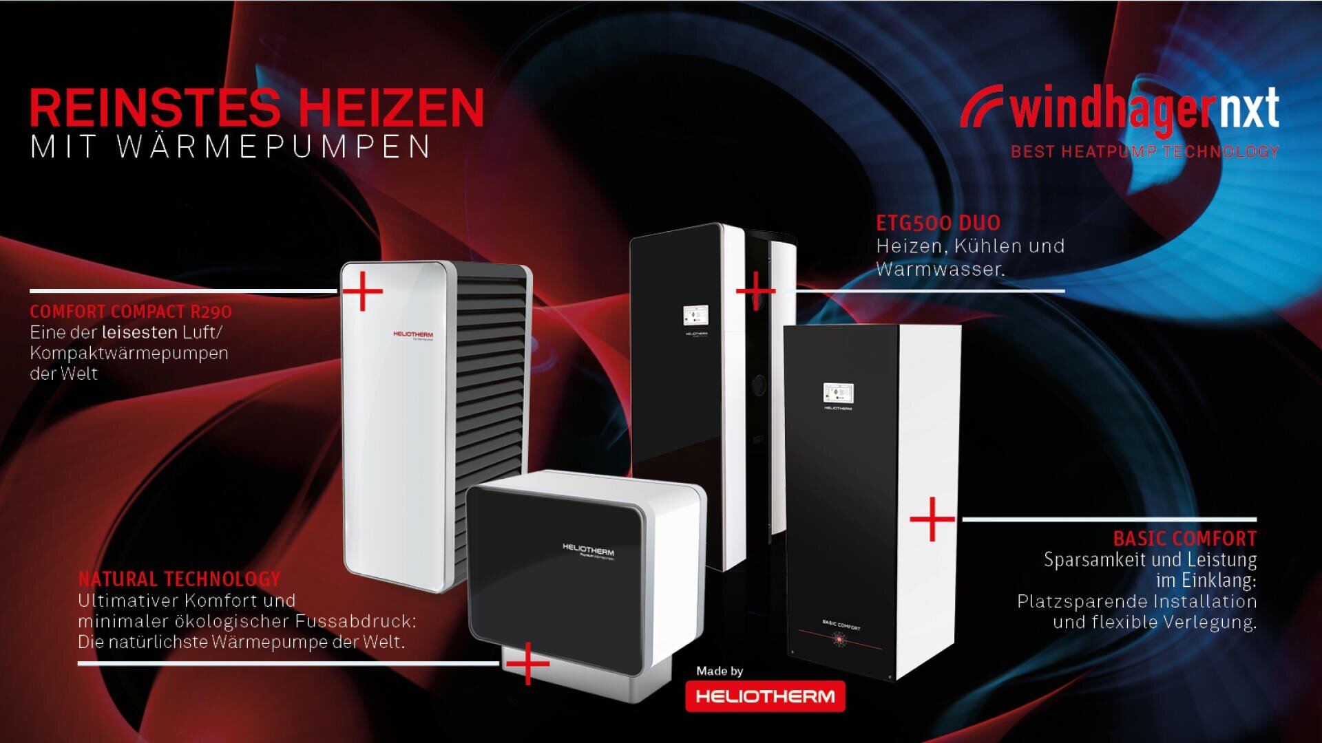 Eine Werbegrafik für Windhager, die vier Wärmepumpeneinheiten mit Etiketten und Beschreibungen vor einem abstrakten roten und blauen Hintergrund zeigt. Oben sind das Windhager-Logo und "Reinstes Heizen mit Wärmepumpen" zu sehen.