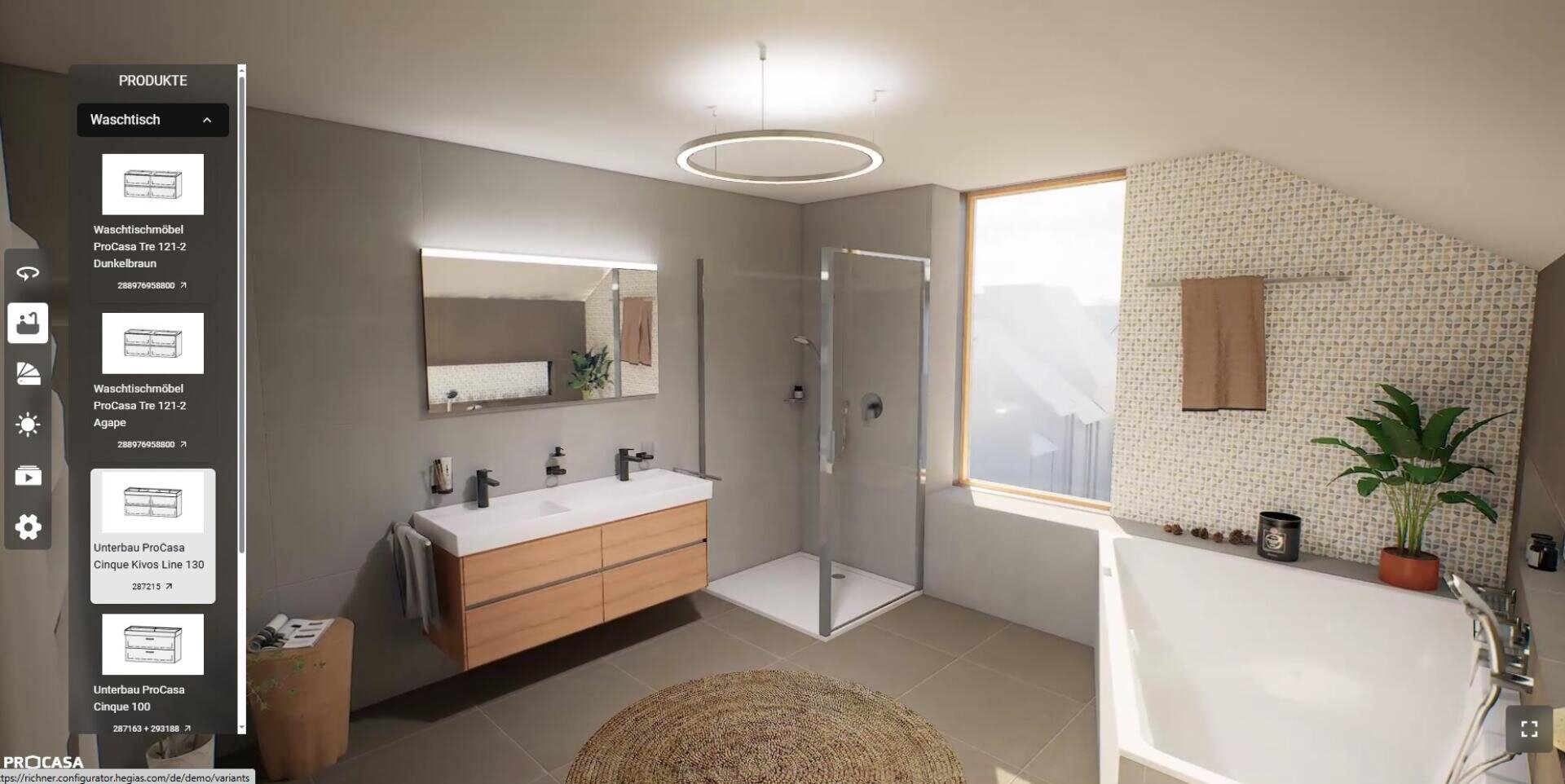 Modernes Badezimmer mit Doppelwaschbecken, Wandspiegel, Glasdusche, Badewanne, runder Deckenleuchte, beigen Wänden, einem Fenster mit Jalousien und einem Handtuch, das an der Wand hängt. Das Menü zur Produktauswahl ist auf der linken Seite des Bildes zu sehen.