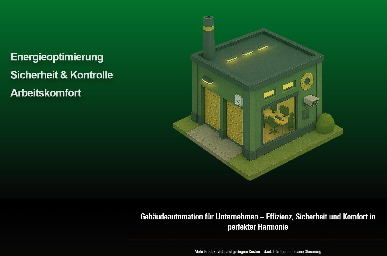 Eine Illustration eines modernen, umweltfreundlichen, intelligenten Gebäudes mit Sonnenkollektoren und Sicherheitskameras, das Energieoptimierung, Sicherheit und Arbeitsplatzkomfort symbolisiert. Der deutsche Text hebt die Vorteile der Geschäftsautomatisierung hervor.